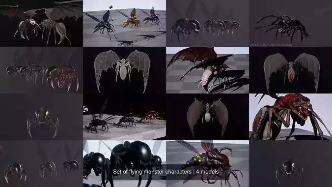 Set of flying monster characters 3D Model Collection