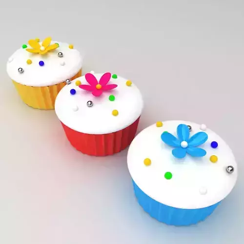 Cupcake 3d model three colorful flower shaped buttons