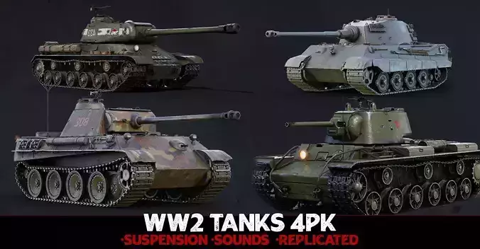 WW2 Tanks - 4pk - Advanced Tank Blueprint UE4 UE5 Low-poly 3D model