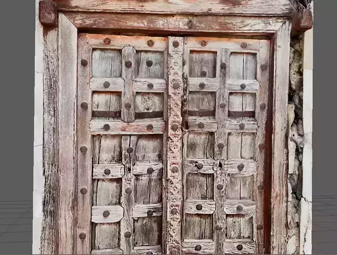 Ancient doors of house boundary with iron handle 3D model