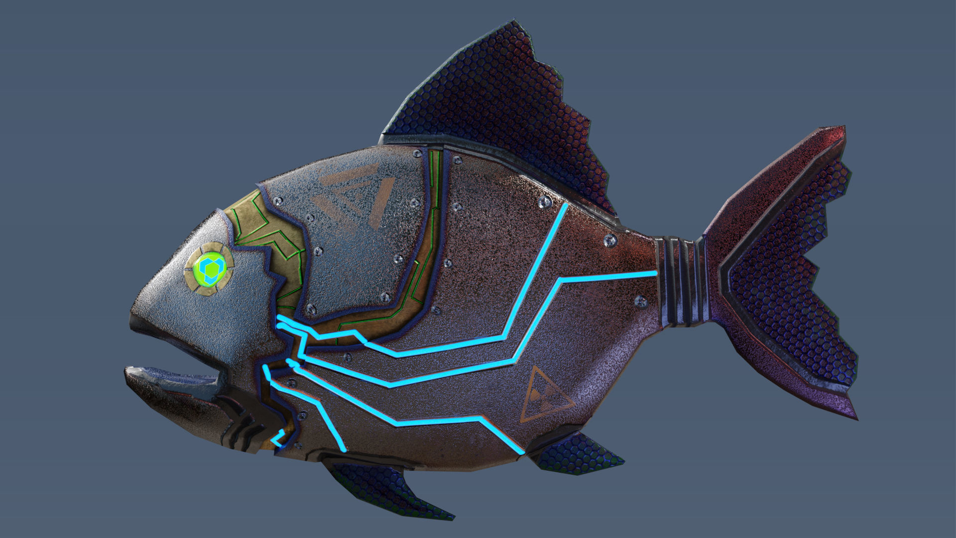 Robofish fish with glowing eyes Low-poly 3D model_1