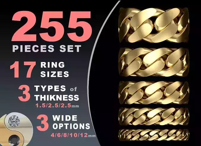Cuban link chain ring 4 I 6 I 8 I 10 I 12 mm wide 3D Model Collection