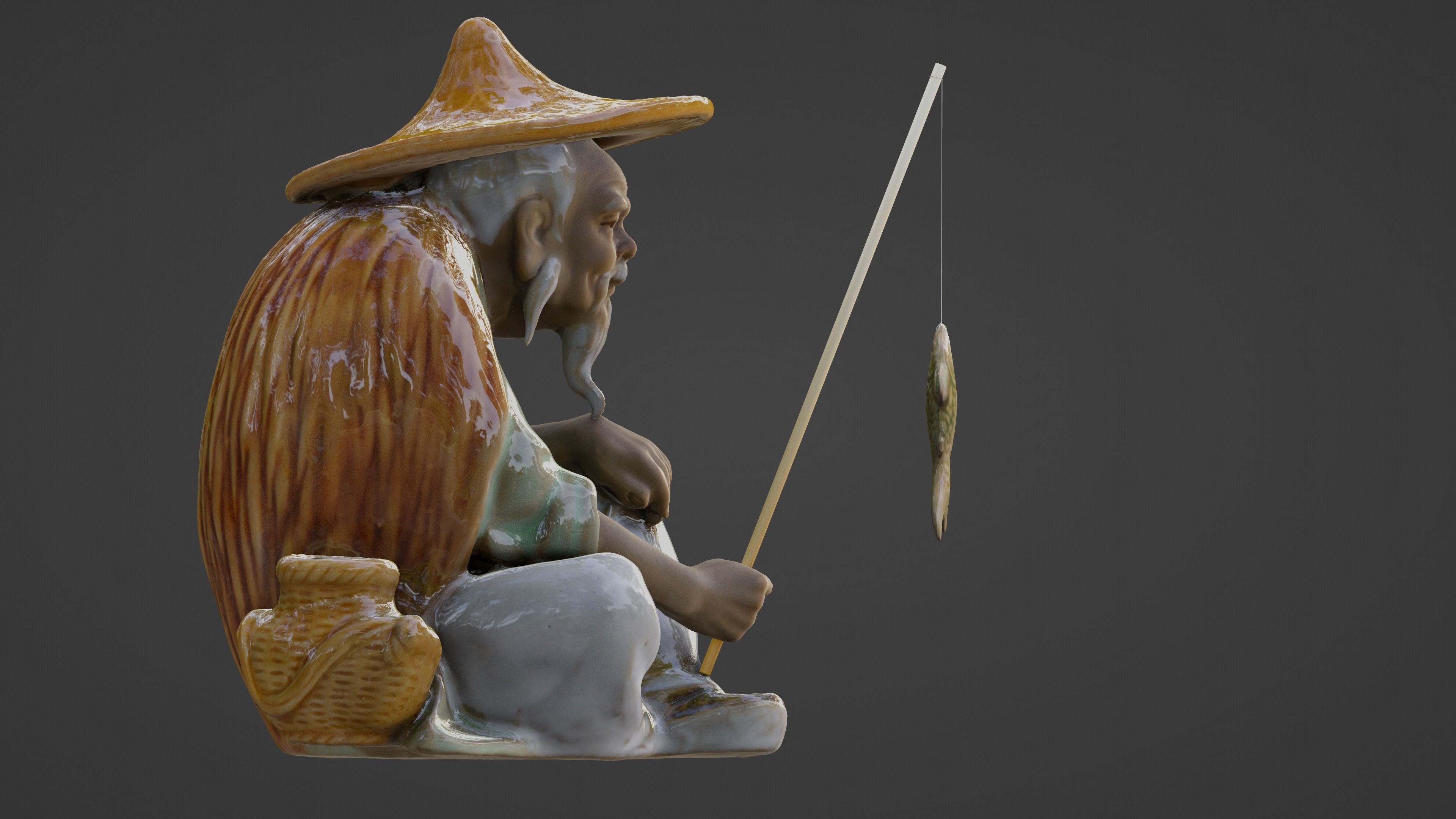 Chinese Mudman Fisherman Figurine Low-poly 3D model_3