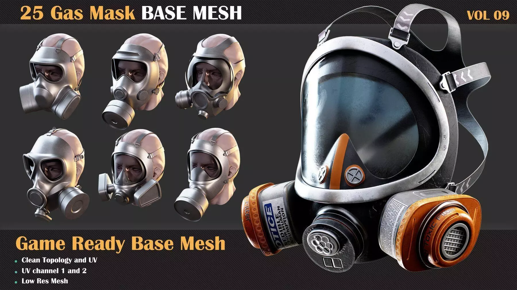 25 Gas Mask Base Mesh - VOL 09 - Game Ready    3D model_0