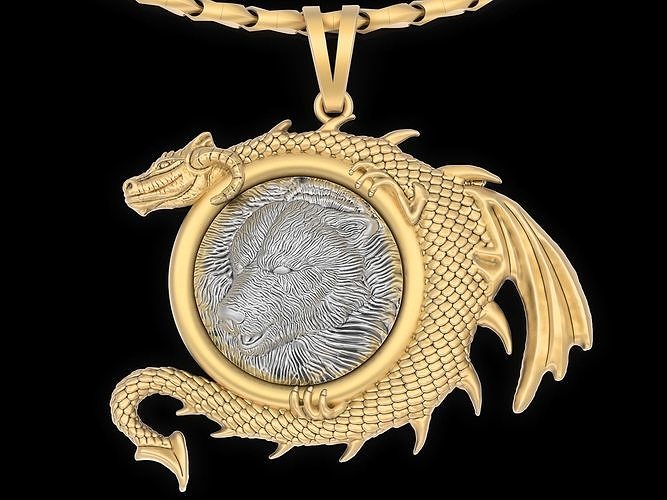 Bear head dragon pendant jewelry Gold silver necklace 3D print model