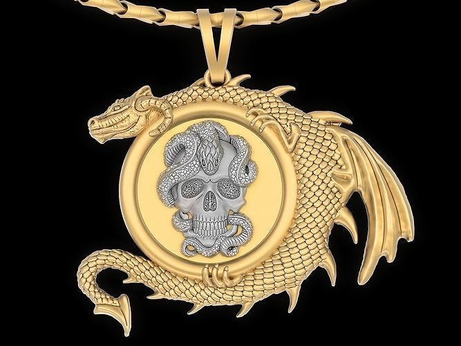 Skull and snake dragon pendant jewelry Gold silver necklac 3D print model