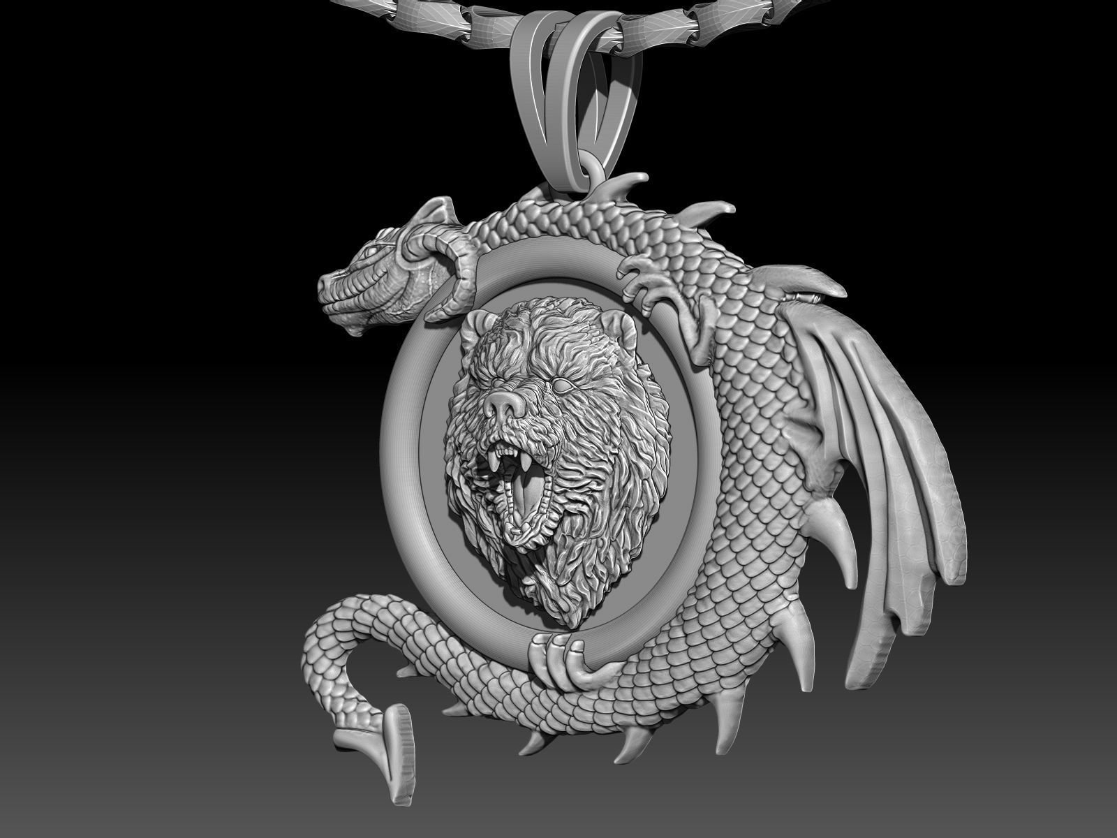 Bear head dragon pendant jewelry Gold silver necklace 3D print model_4