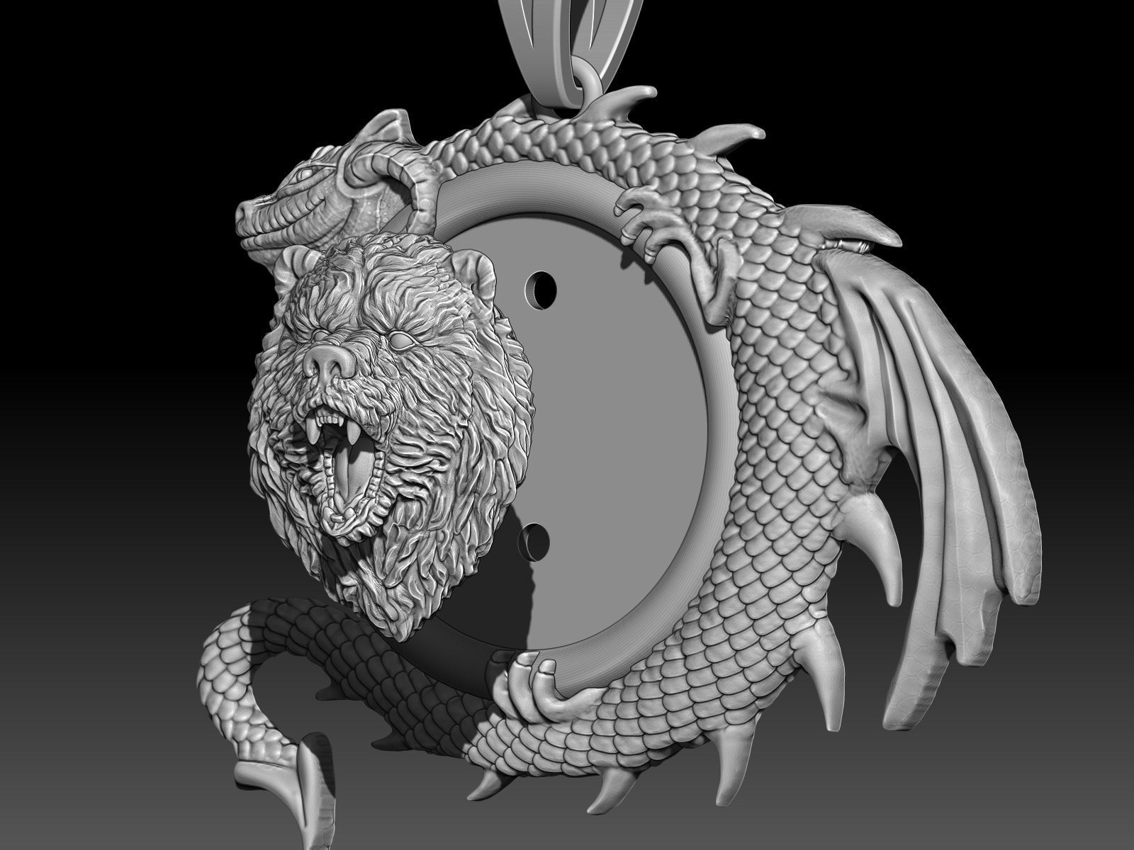 Bear head dragon pendant jewelry Gold silver necklace 3D print model_1