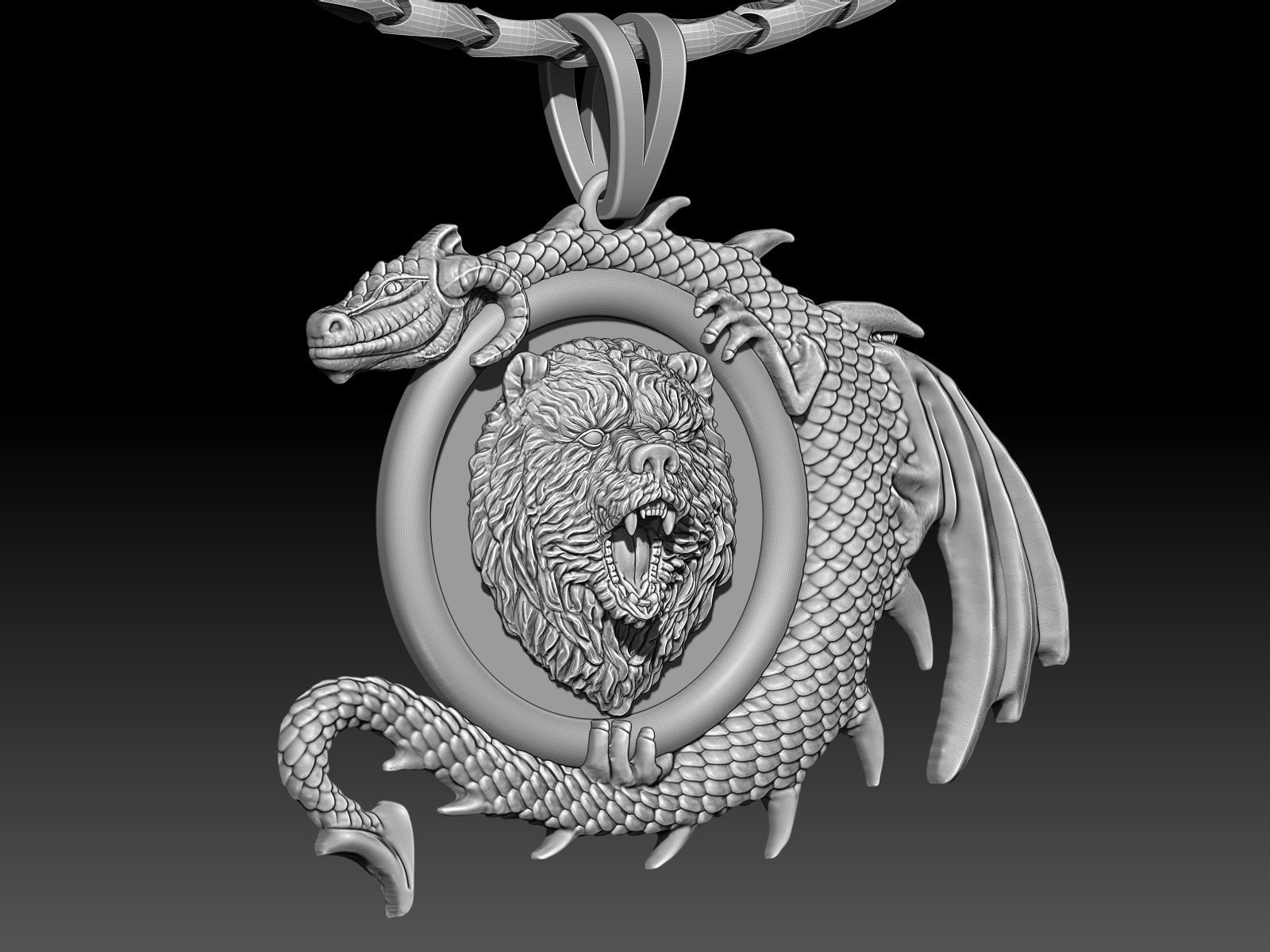 Bear head dragon pendant jewelry Gold silver necklace 3D print model_2