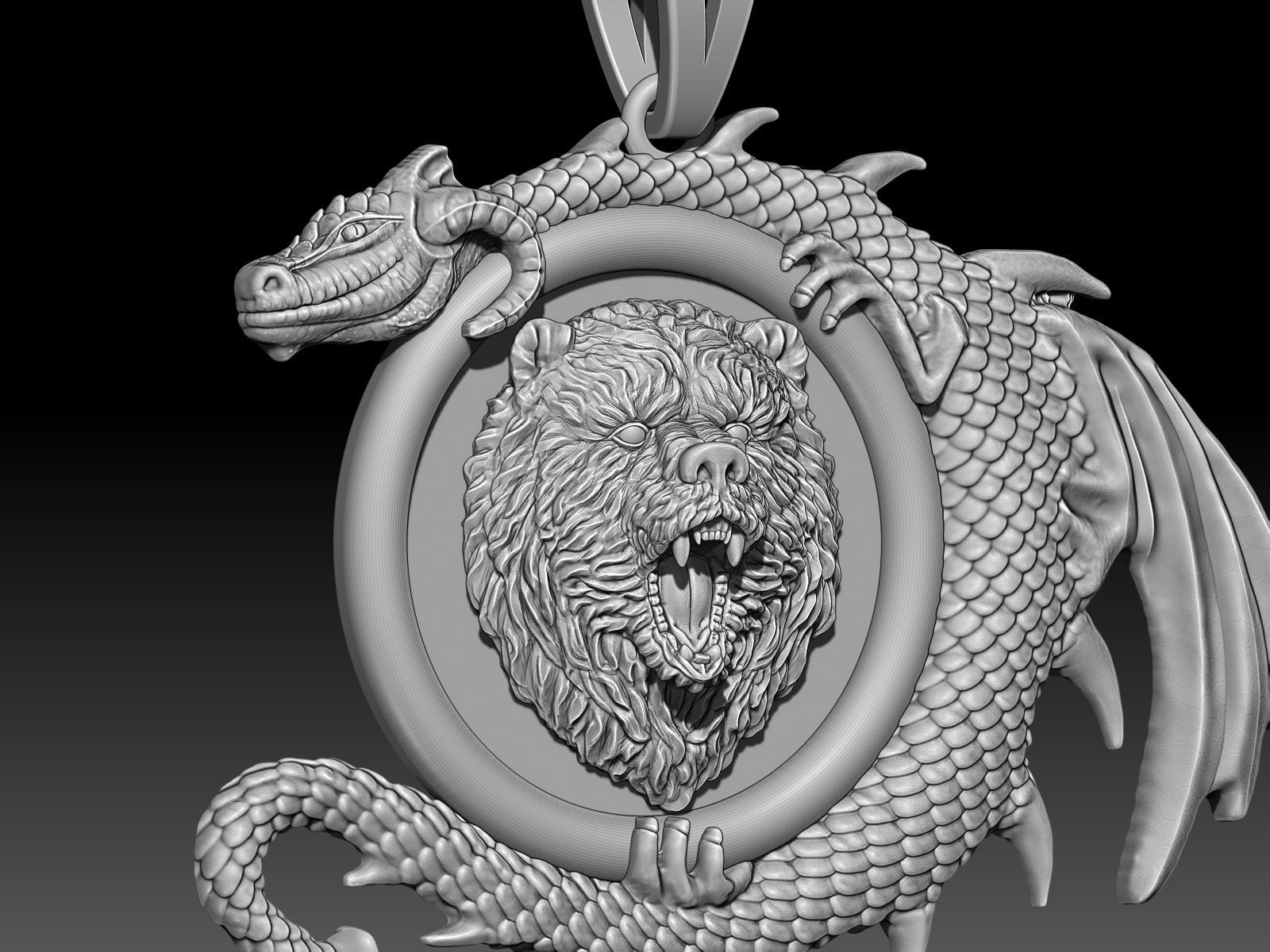 Bear head dragon pendant jewelry Gold silver necklace 3D print model_5