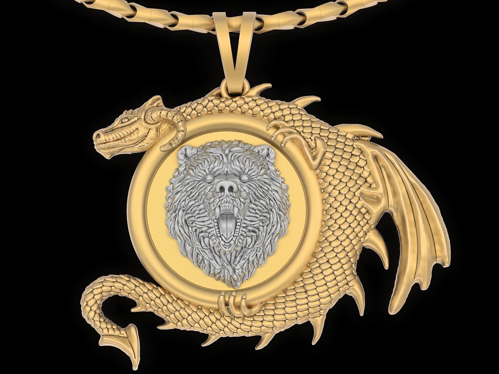 Bear head dragon pendant jewelry Gold silver necklace 3D print model_6