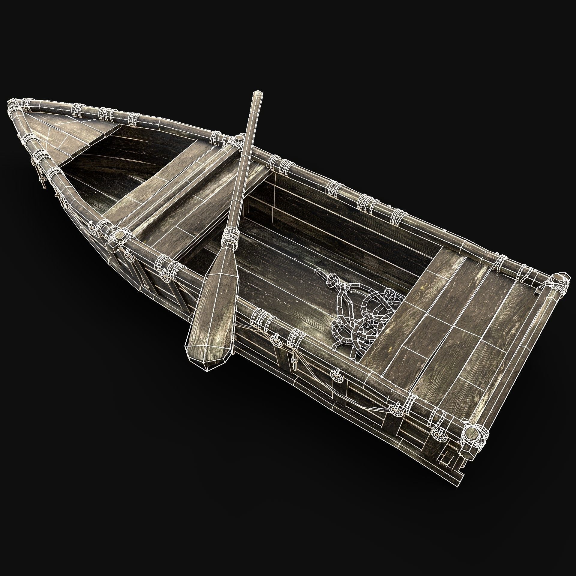 BOAT ROWBOAT WOODEN FISHERMAN RIVER FISH LAKE CANOE SHIP NEXTGEN Low-poly 3D model_7