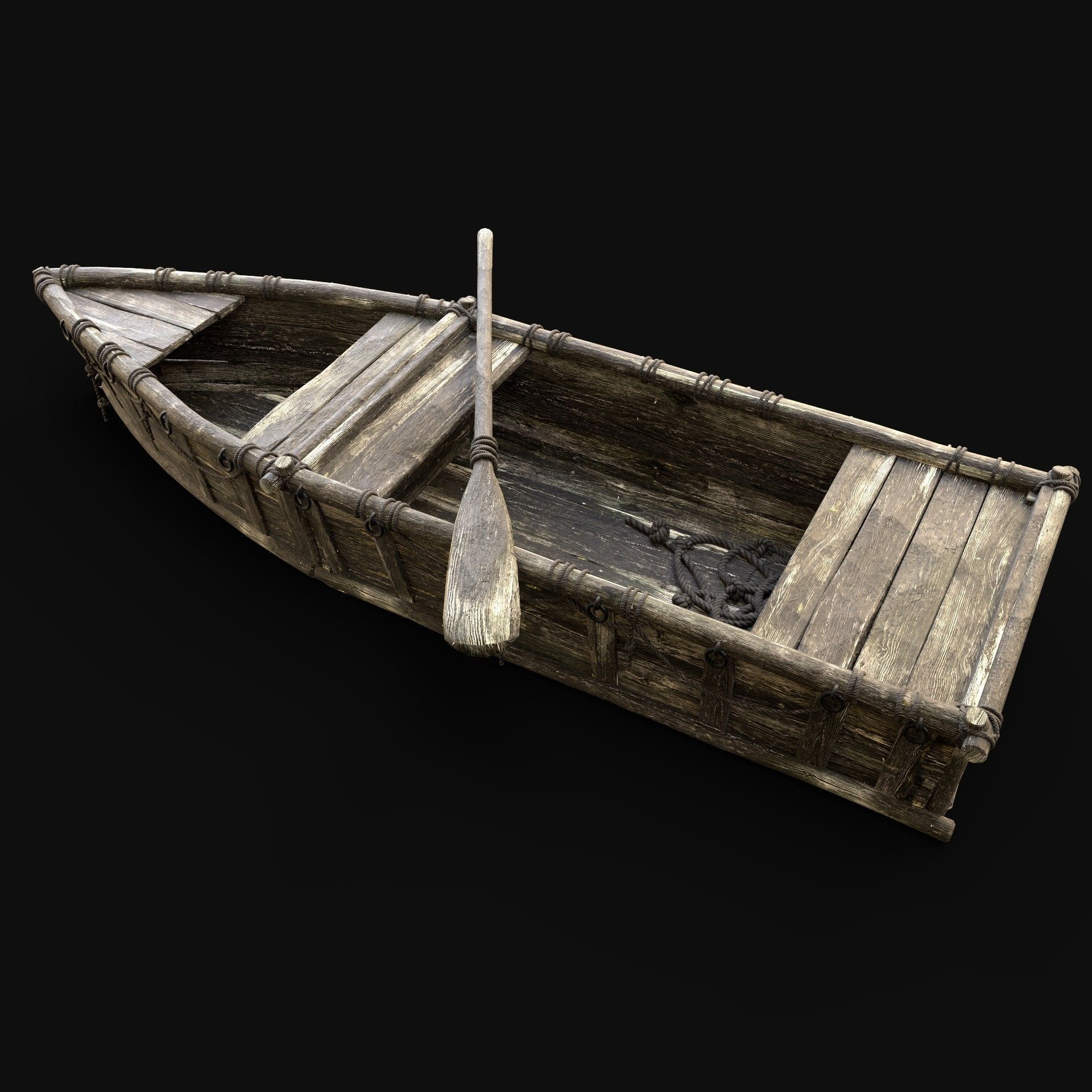 BOAT ROWBOAT WOODEN FISHERMAN RIVER FISH LAKE CANOE SHIP NEXTGEN Low-poly 3D model_2