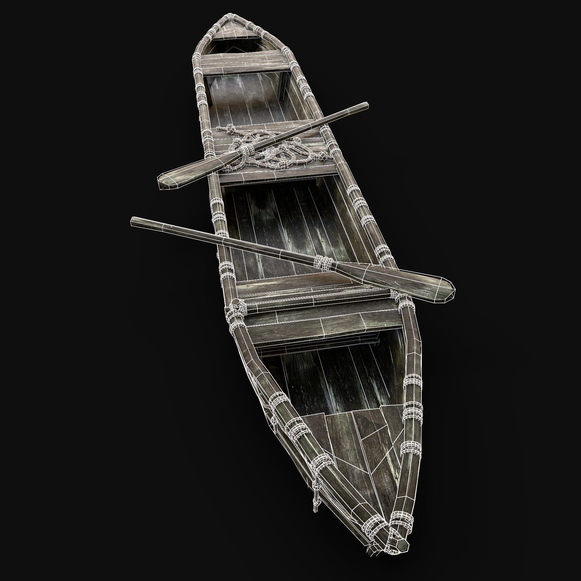 LONG BOAT ROWBOAT WOODEN FISHERMAN RIVER FISH LAKE CANOE SHIP Low-poly 3D model_7