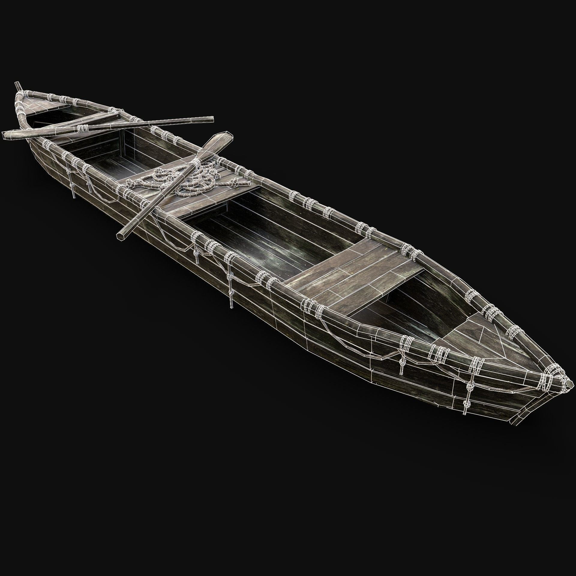 LONG BOAT ROWBOAT WOODEN FISHERMAN RIVER FISH LAKE CANOE SHIP Low-poly 3D model_6