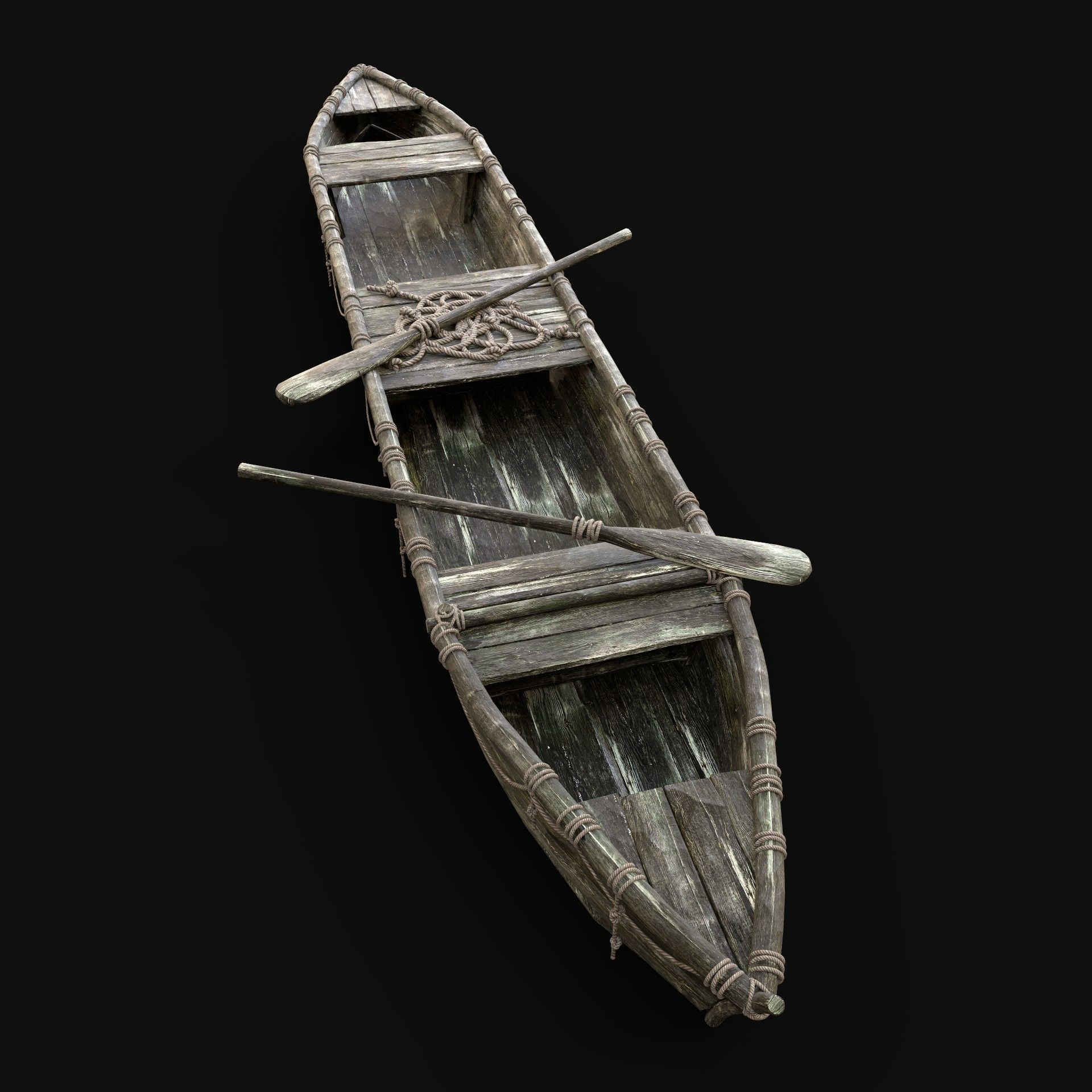 LONG BOAT ROWBOAT WOODEN FISHERMAN RIVER FISH LAKE CANOE SHIP Low-poly 3D model_4