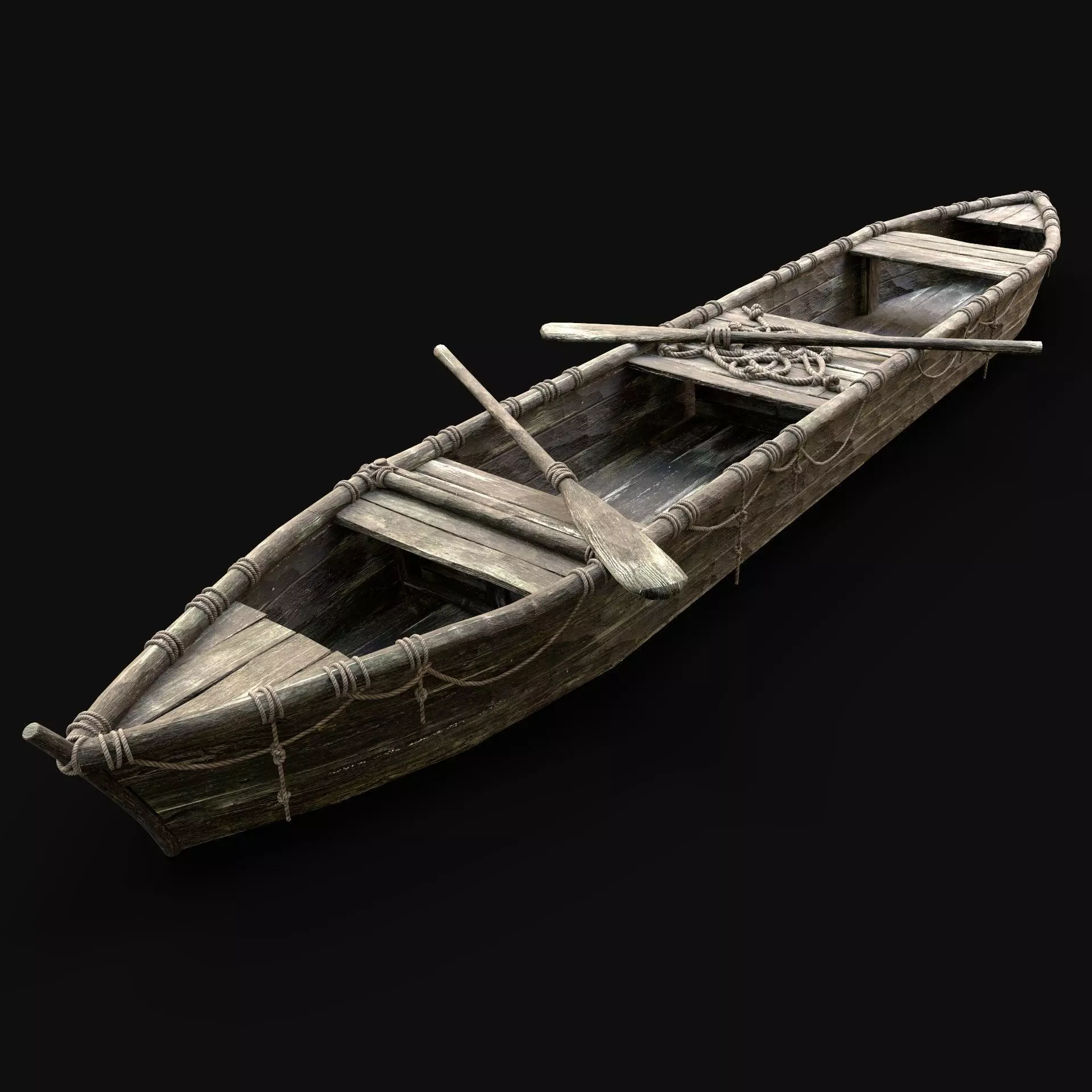 LONG BOAT ROWBOAT WOODEN FISHERMAN RIVER FISH LAKE CANOE SHIP Low-poly 3D model_0