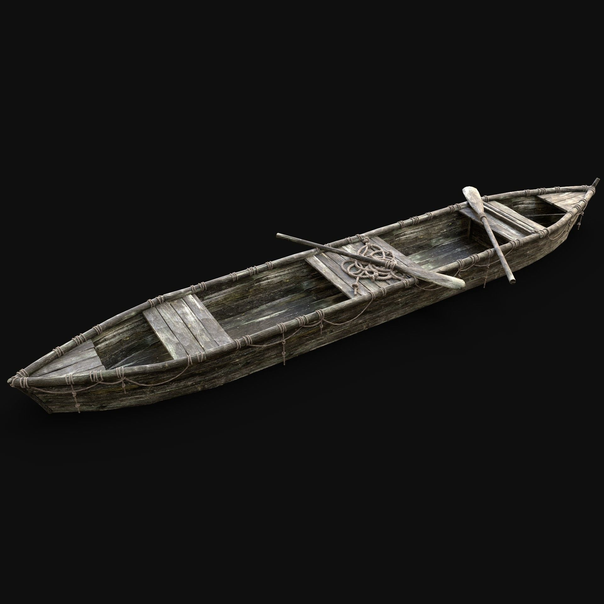 LONG BOAT ROWBOAT WOODEN FISHERMAN RIVER FISH LAKE CANOE SHIP Low-poly 3D model_3