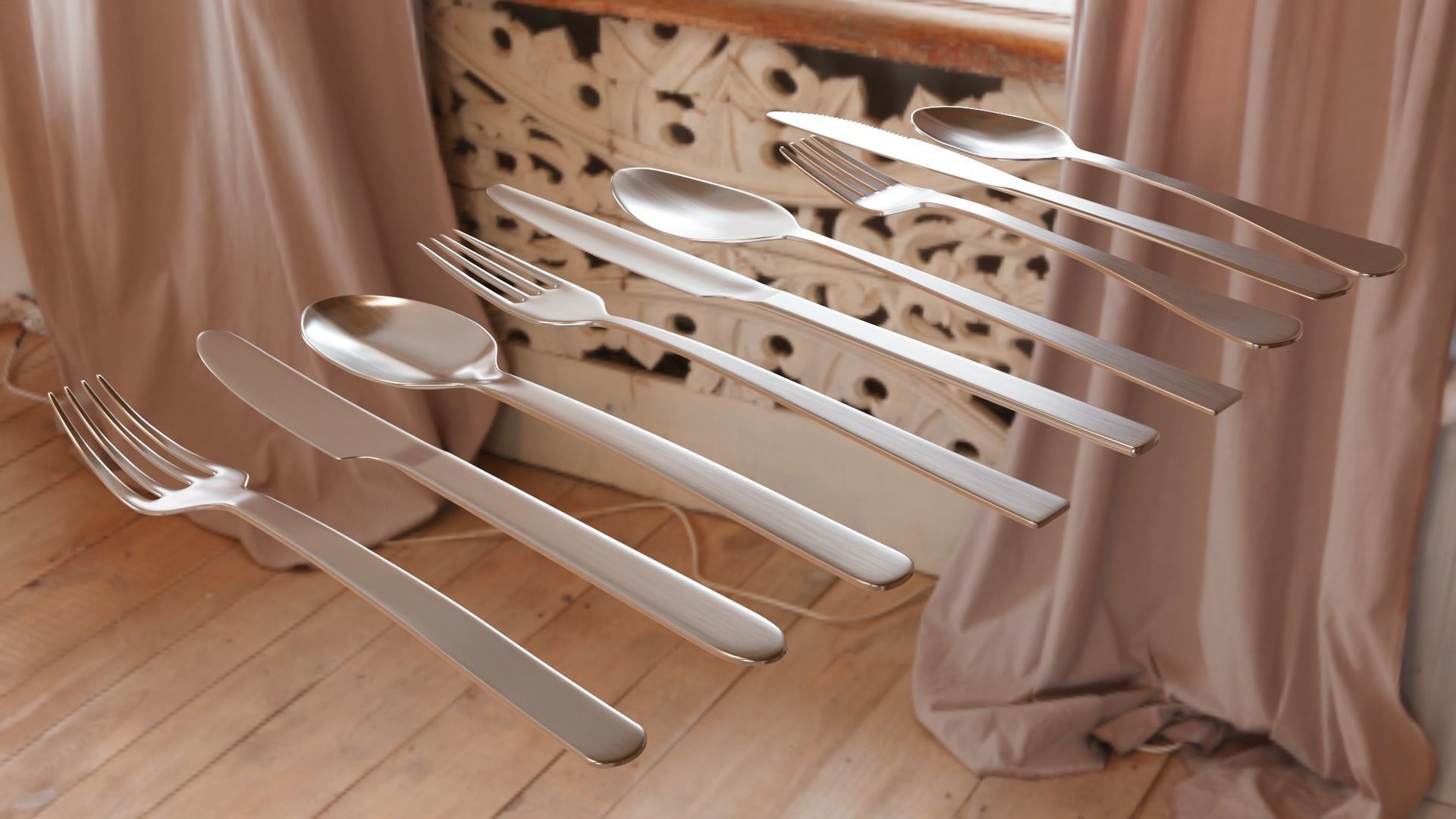 Cutlery Collection A set of silver forks and spoons 3D model_1