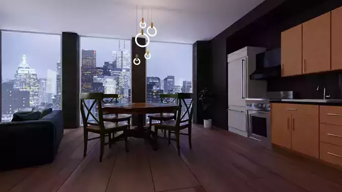 apartment kitchen with city