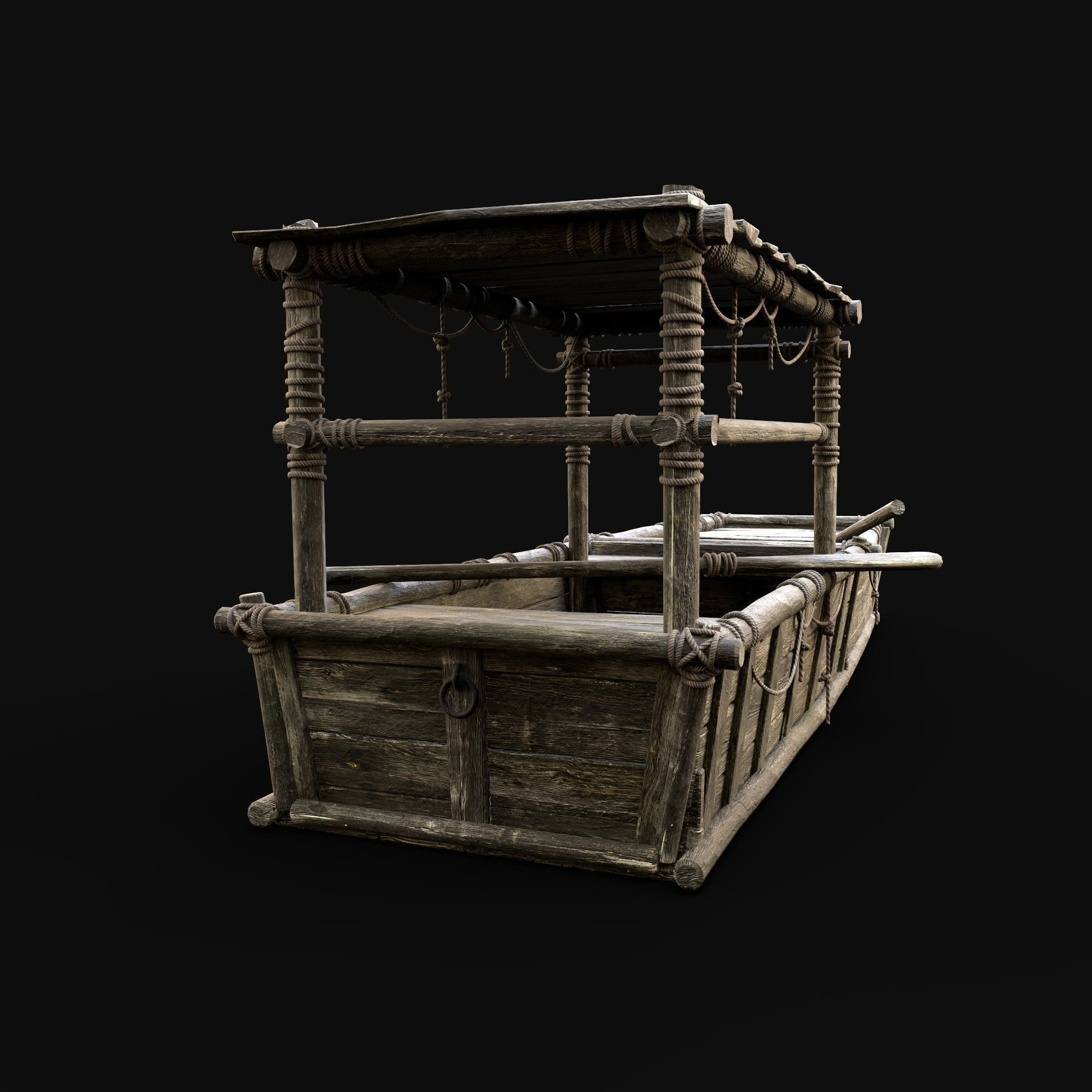 GONDOLA BOAT ROWBOAT WOODEN FISHERMAN RIVER FISH LAKE CANOE SHIP Low-poly 3D model_3