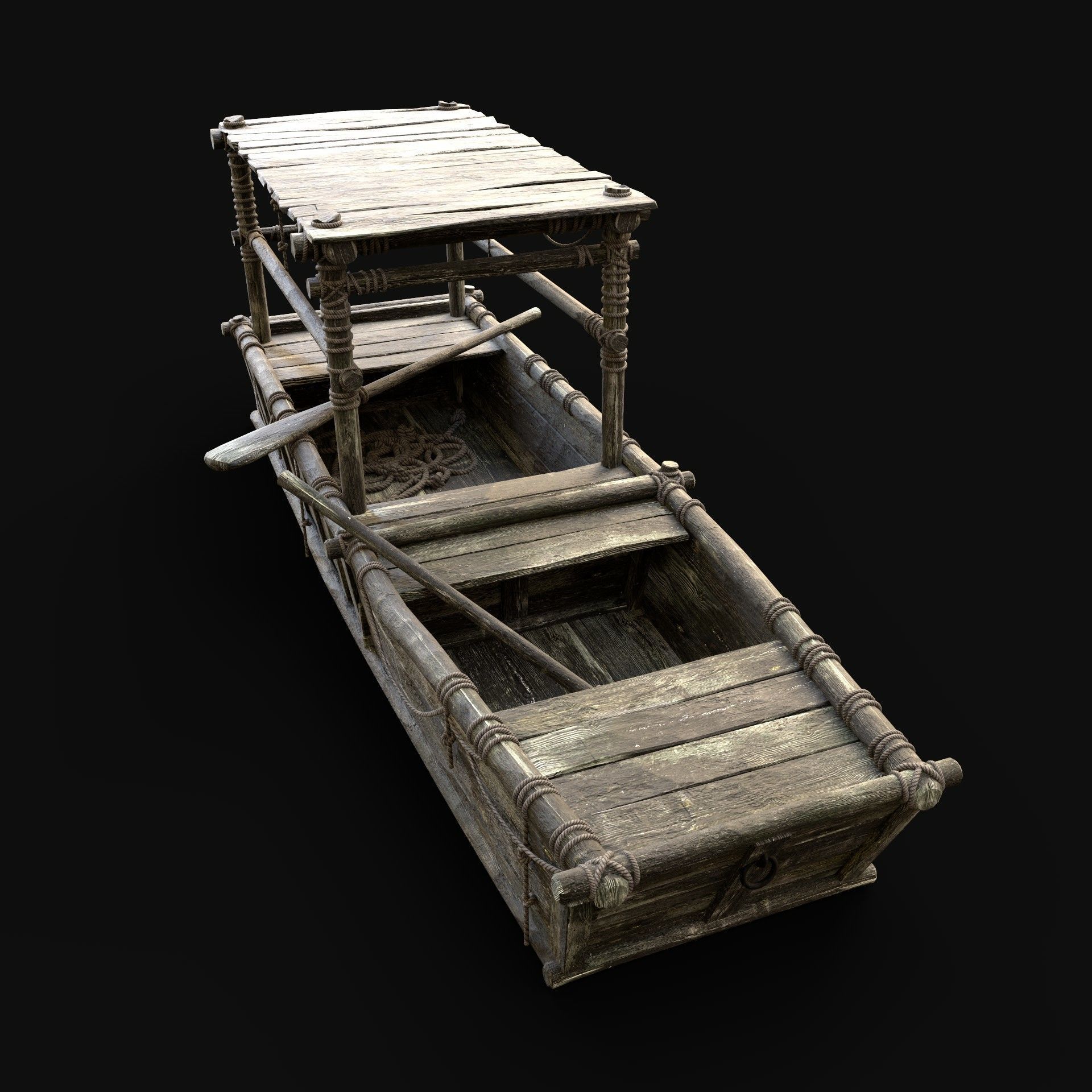 GONDOLA BOAT ROWBOAT WOODEN FISHERMAN RIVER FISH LAKE CANOE SHIP Low-poly 3D model_5