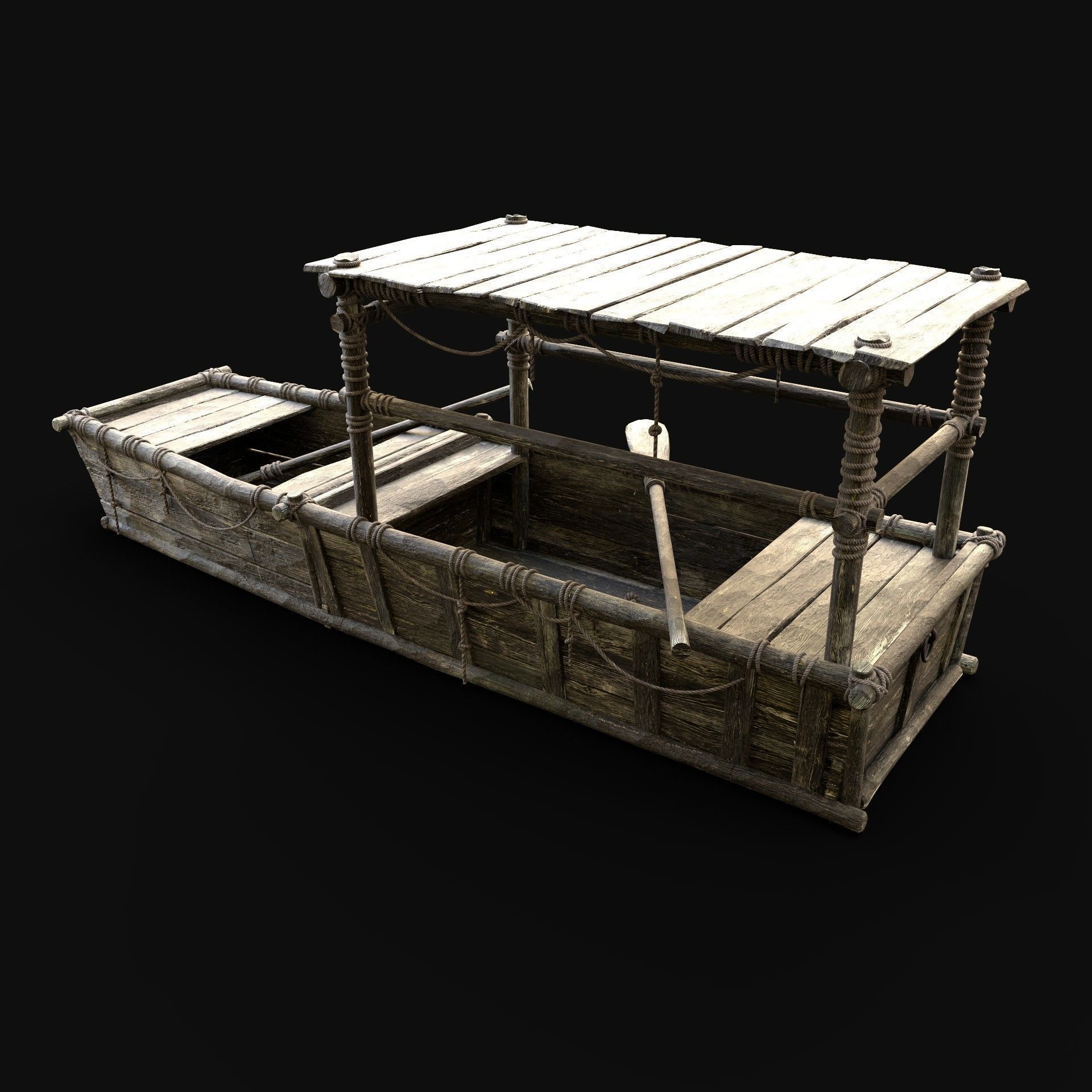 GONDOLA BOAT ROWBOAT WOODEN FISHERMAN RIVER FISH LAKE CANOE SHIP Low-poly 3D model_2