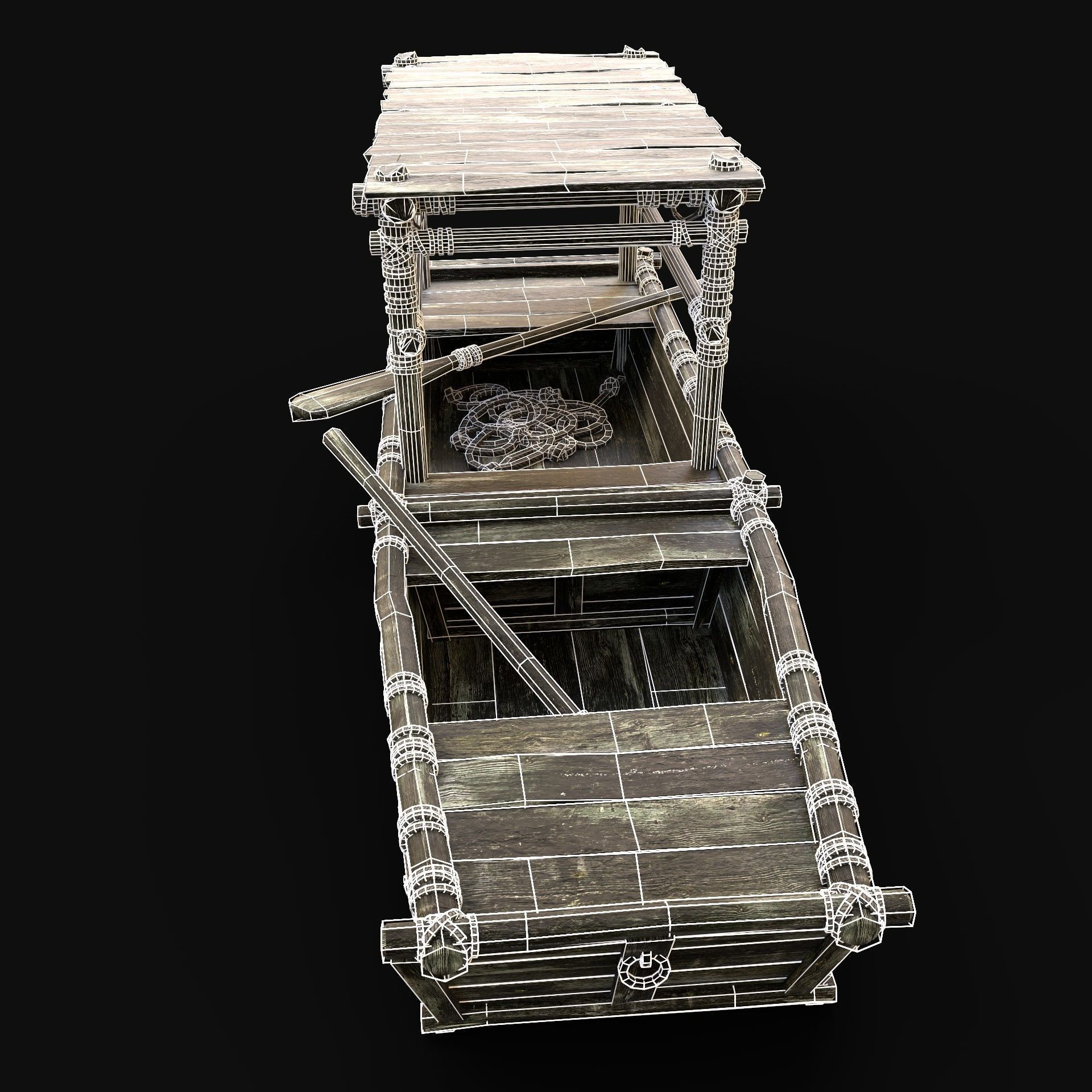 GONDOLA BOAT ROWBOAT WOODEN FISHERMAN RIVER FISH LAKE CANOE SHIP Low-poly 3D model_8