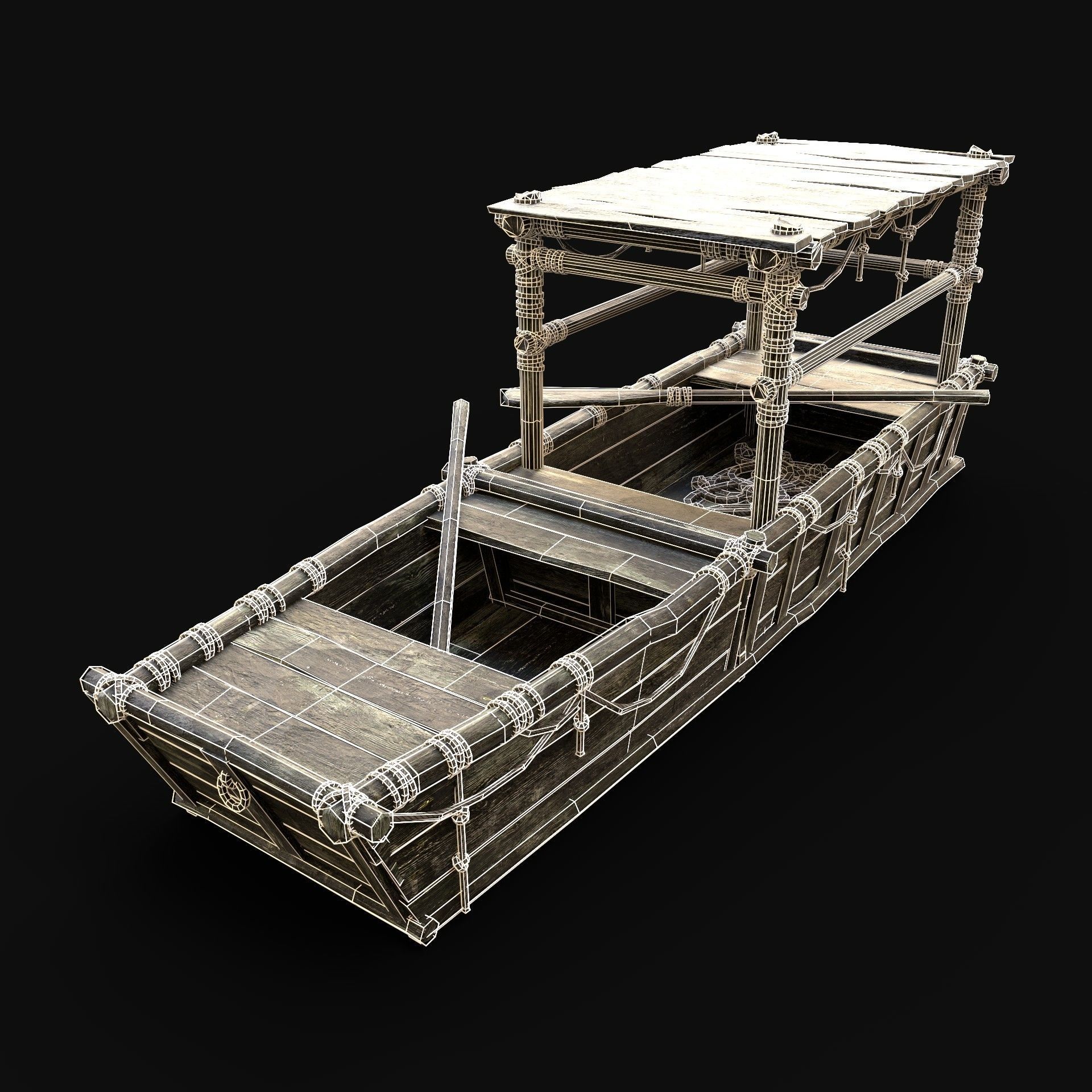 GONDOLA BOAT ROWBOAT WOODEN FISHERMAN RIVER FISH LAKE CANOE SHIP Low-poly 3D model_6