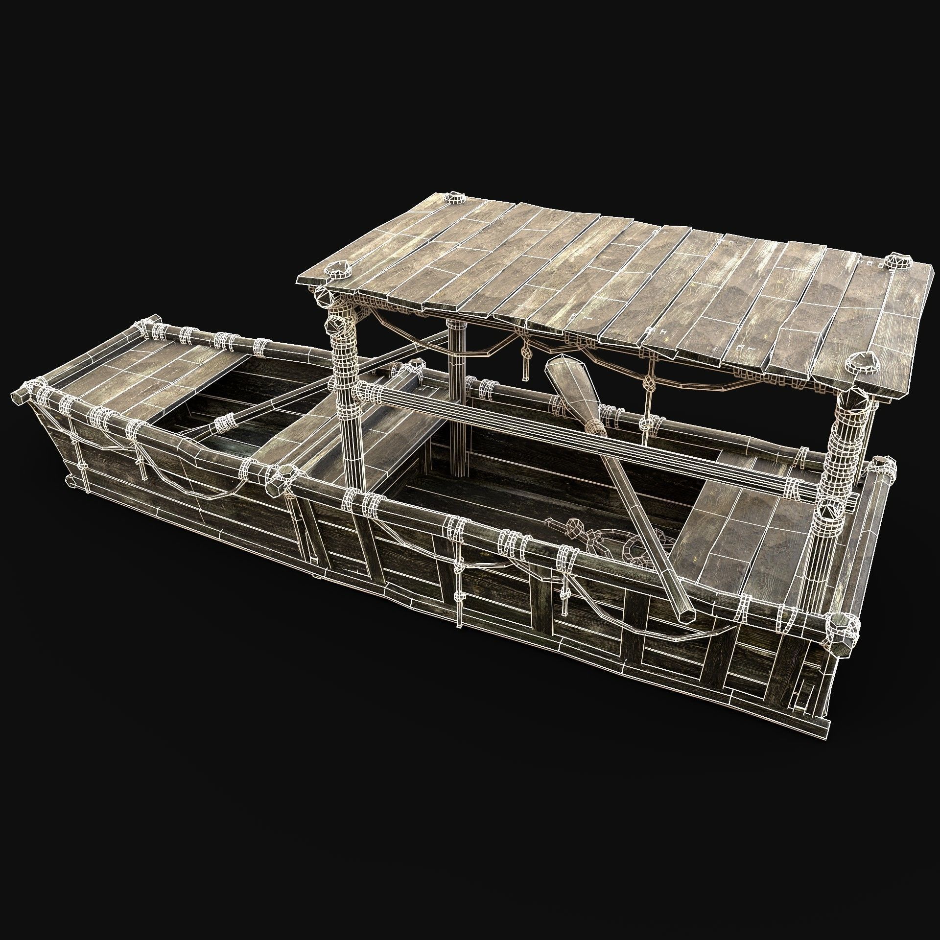 GONDOLA BOAT ROWBOAT WOODEN FISHERMAN RIVER FISH LAKE CANOE SHIP Low-poly 3D model_7