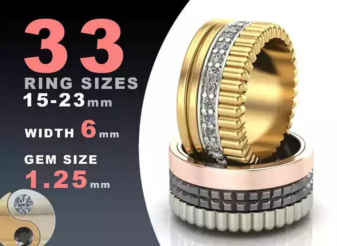 Wedding ring Boucheron style 3 rows 6 mm wide 3D print model