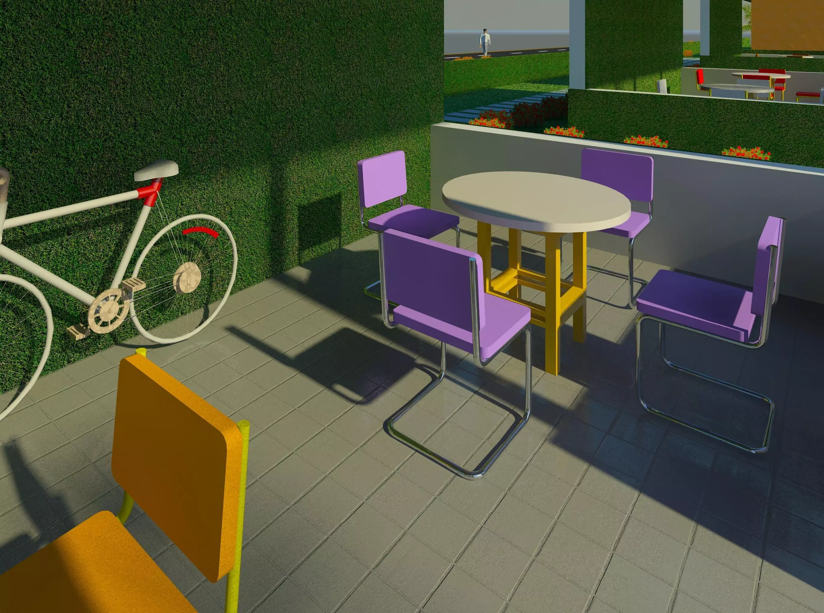 Beach patio with chairs and bicycle 3D print model