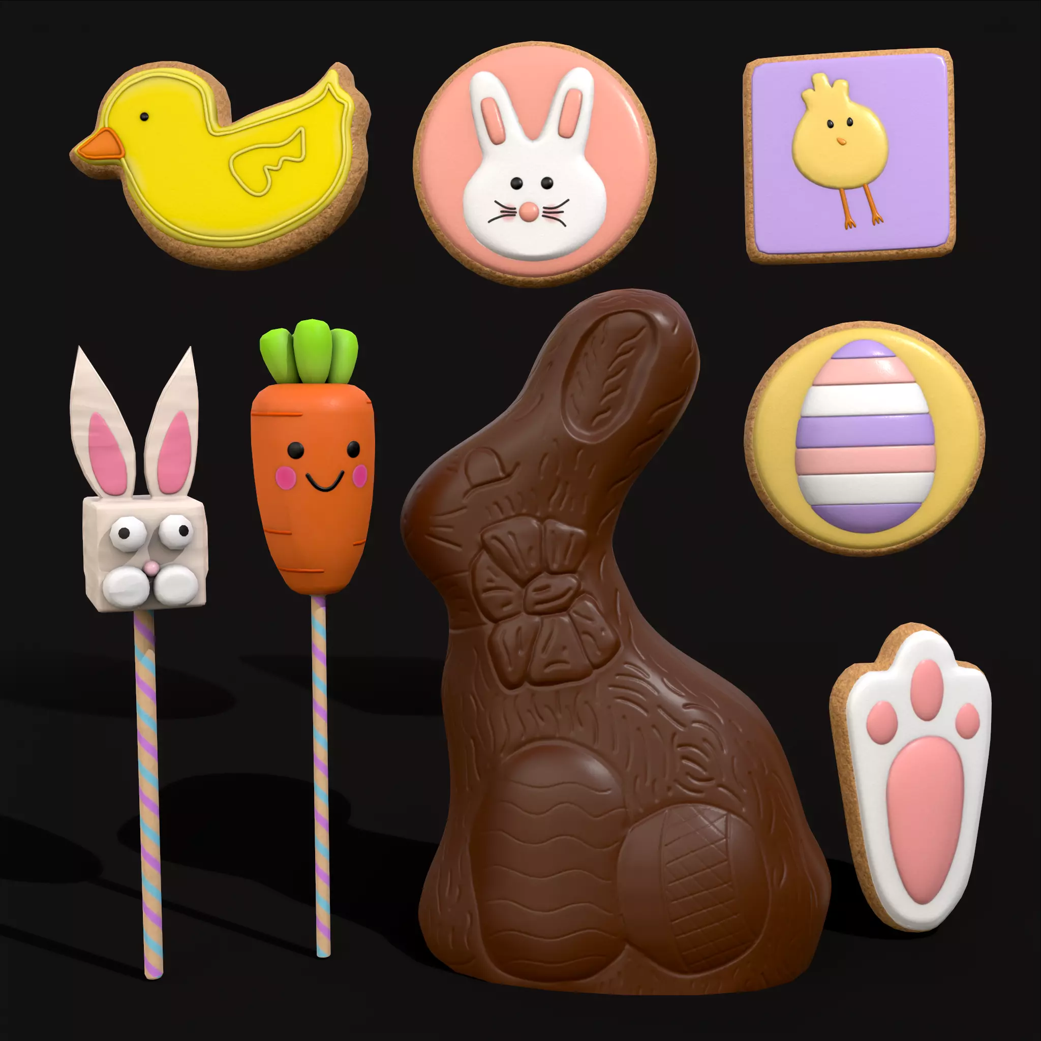 Easter Chocolate Bunny Cookies and Cakepops 3D Model Collection_0