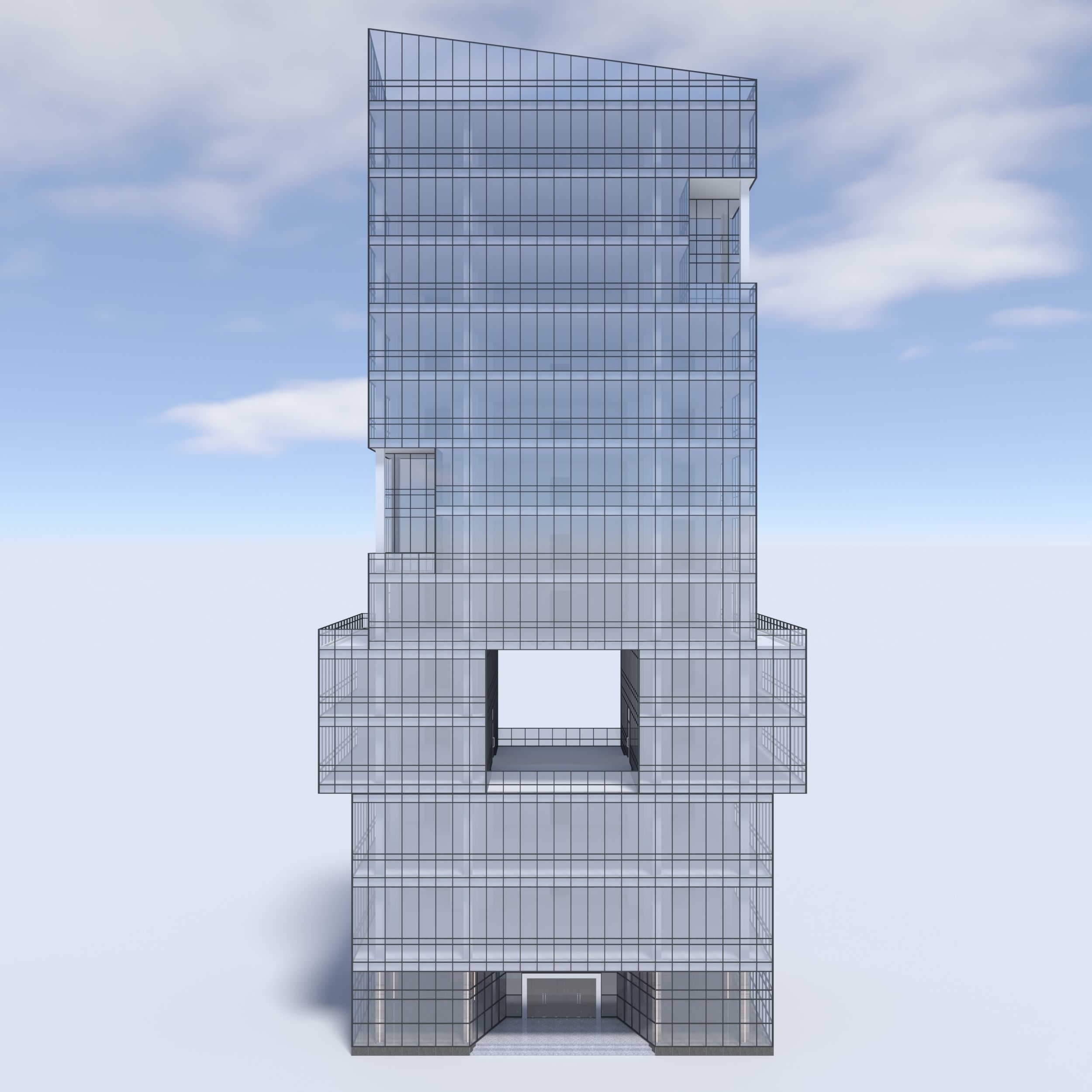 Tower 3 tall glass building on cloudy day 3D model_2