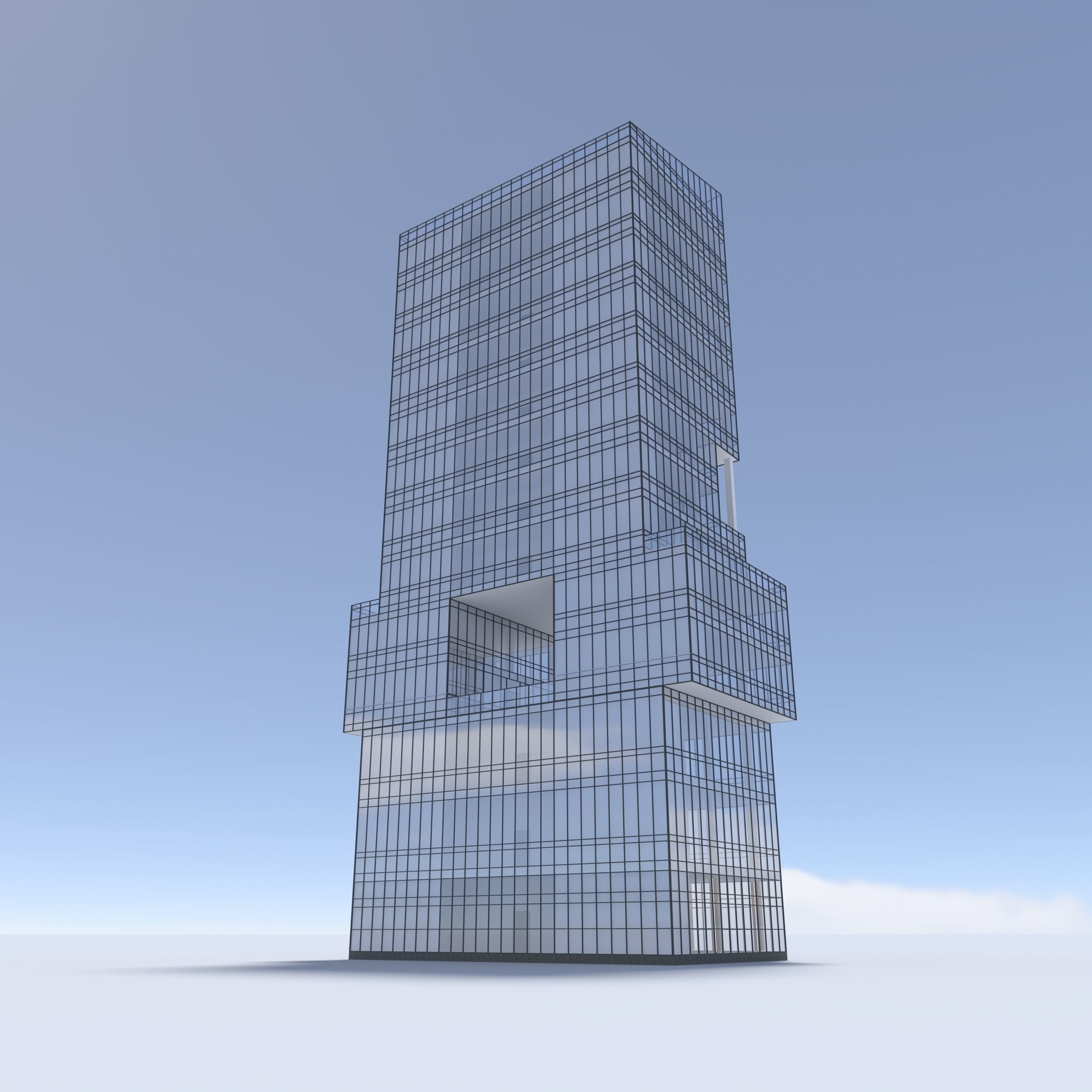 Tower 3 tall glass building on cloudy day 3D model_16