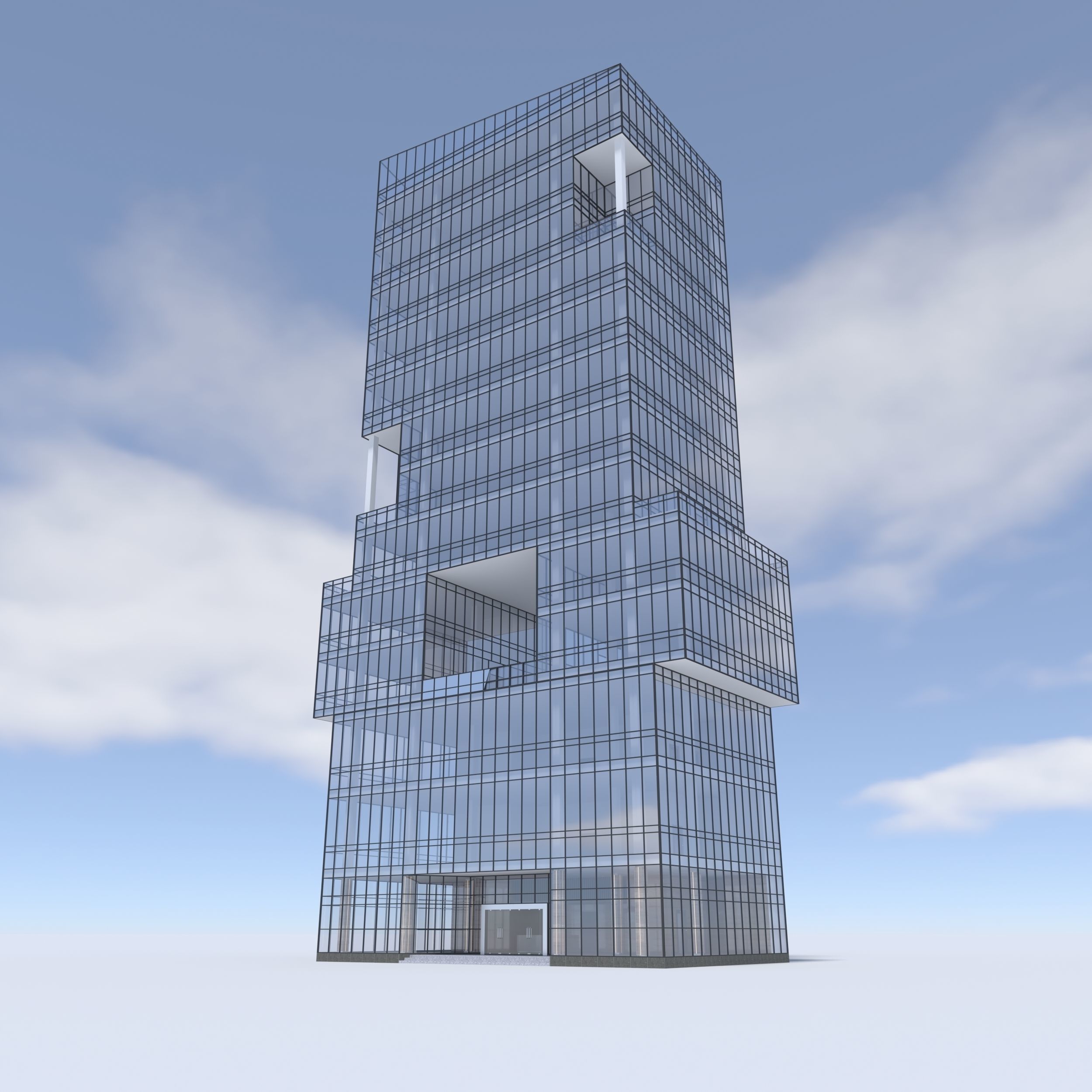 Tower 3 tall glass building on cloudy day 3D model_12