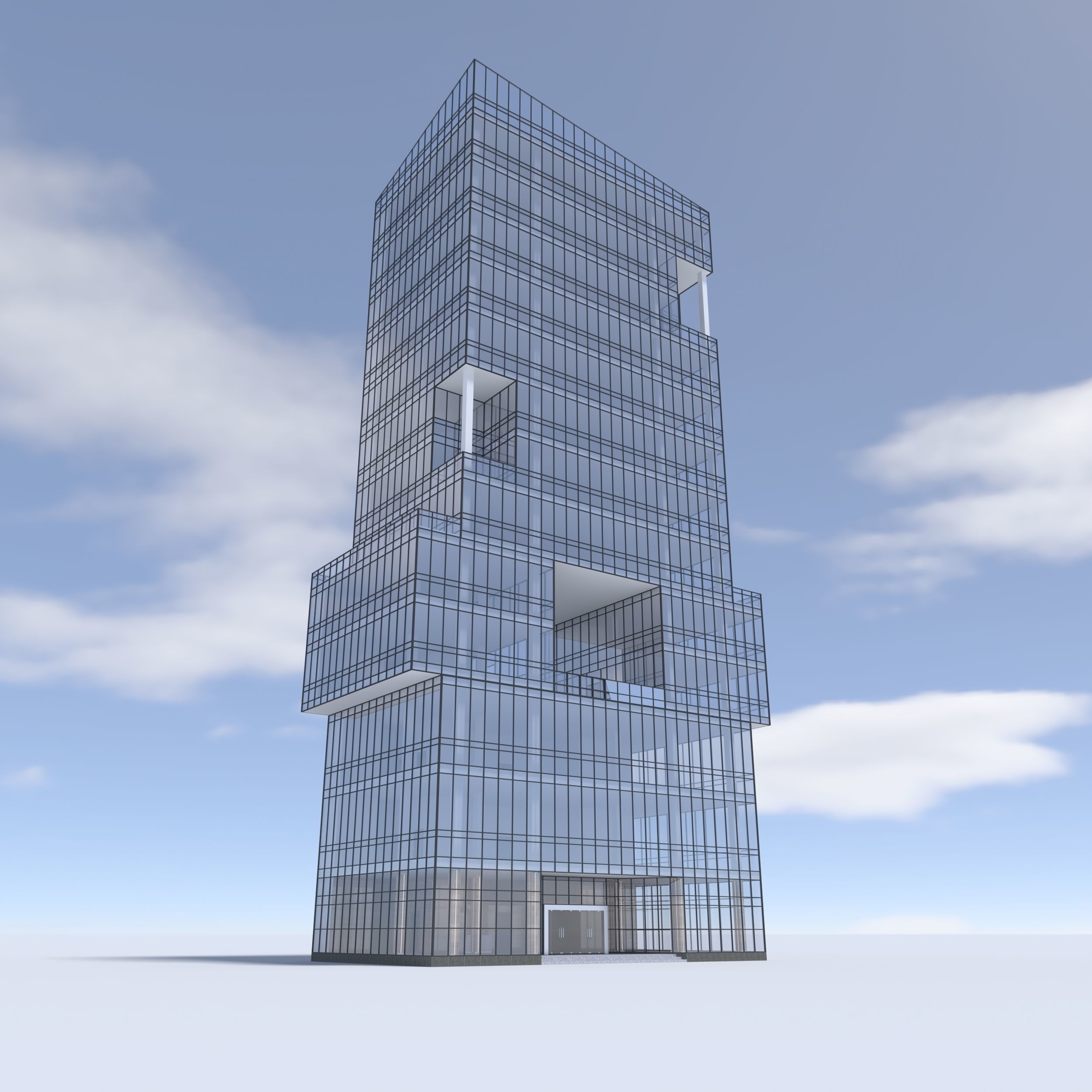 Tower 3 tall glass building on cloudy day 3D model_9