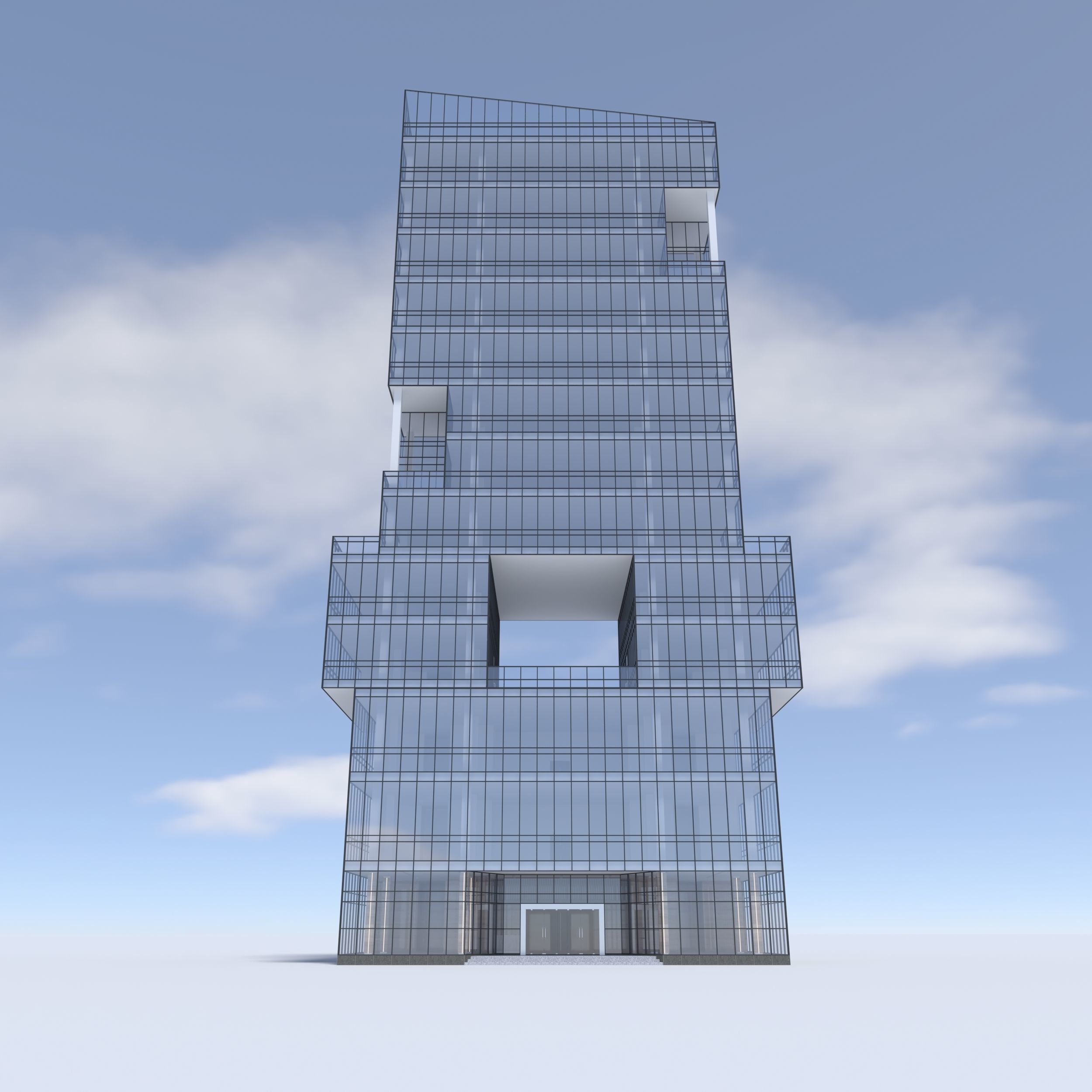 Tower 3 tall glass building on cloudy day 3D model_11