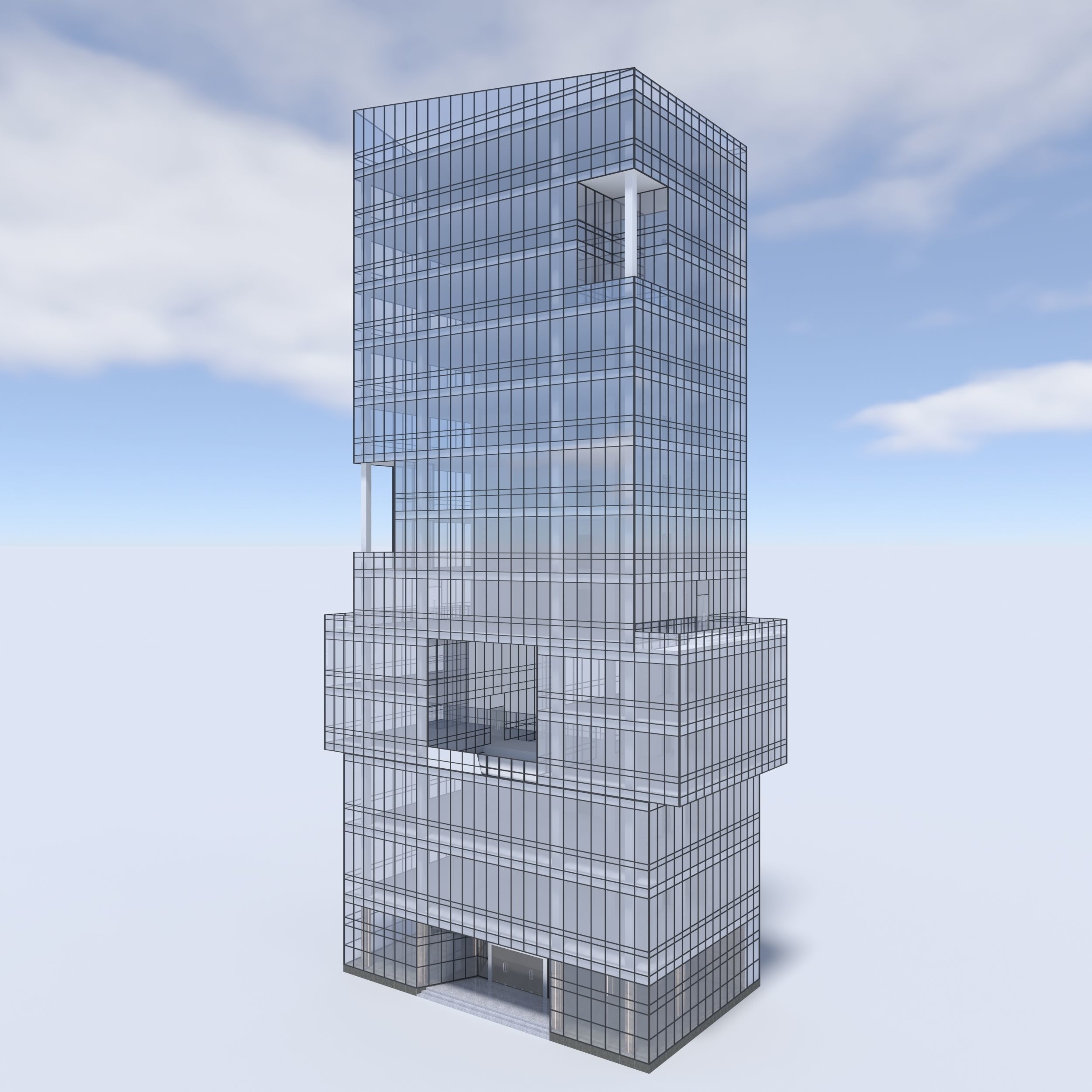 Tower 3 tall glass building on cloudy day 3D model_3