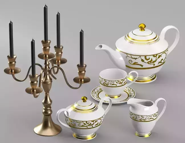 Tea set teapot and cup with gold trim