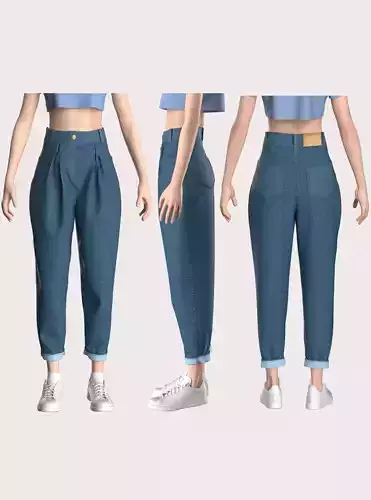 Pleat Detailed High Waist Blue Jeans