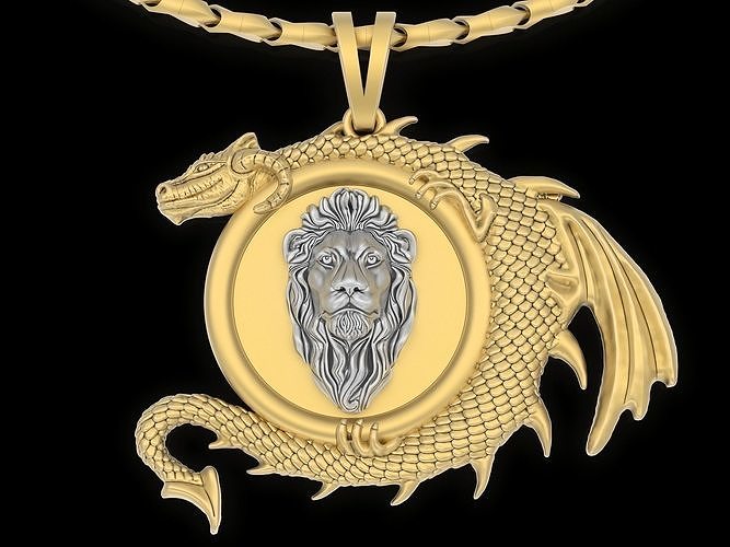 Lion Head dragon pendant jewelry Gold silver necklace 3D print model
