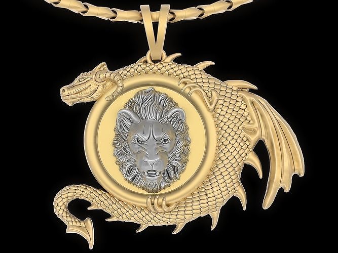 Lion Head dragon pendant jewelry Gold silver necklace 3D print model