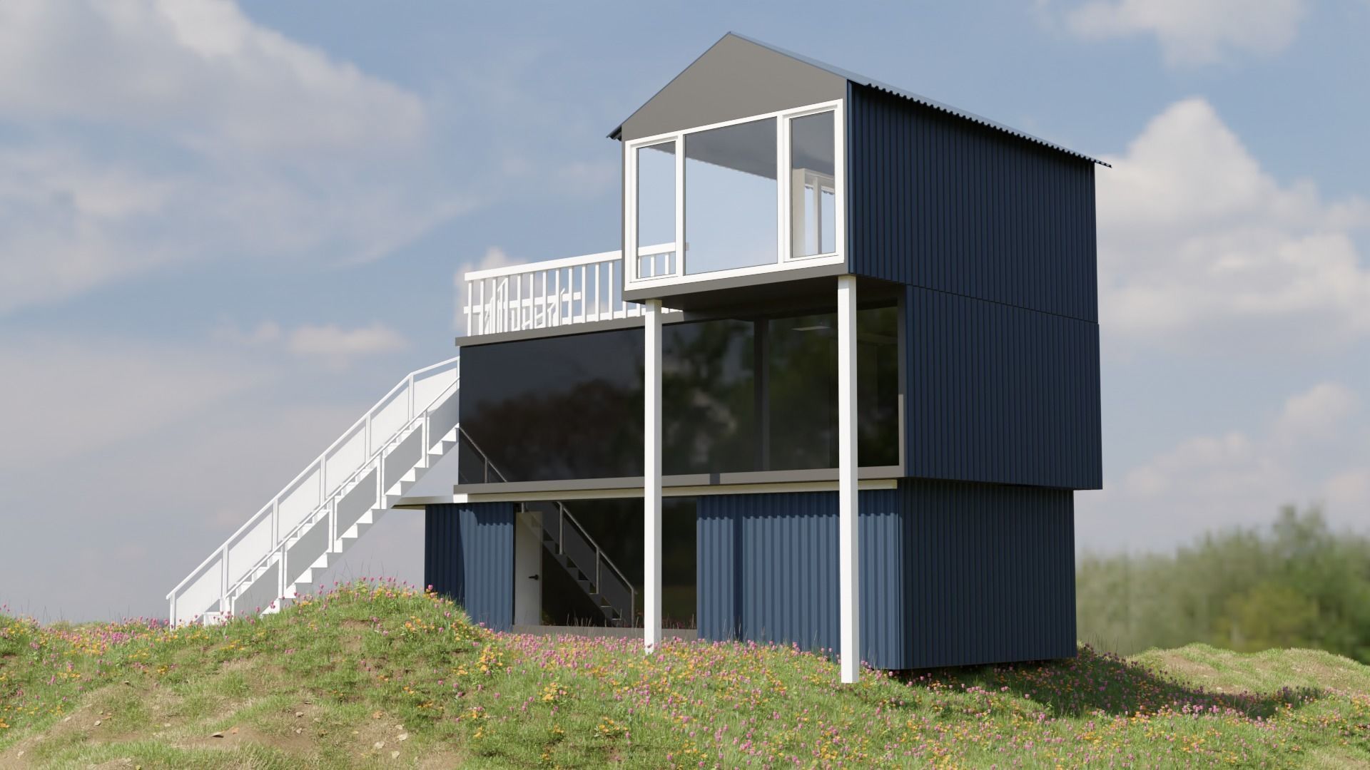 Modern Ship Container House with Outside Stair and Glass Design Low-poly 3D model_2
