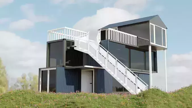 Modern Ship Container House with Outside Stair and Glass Design Low-poly 3D model