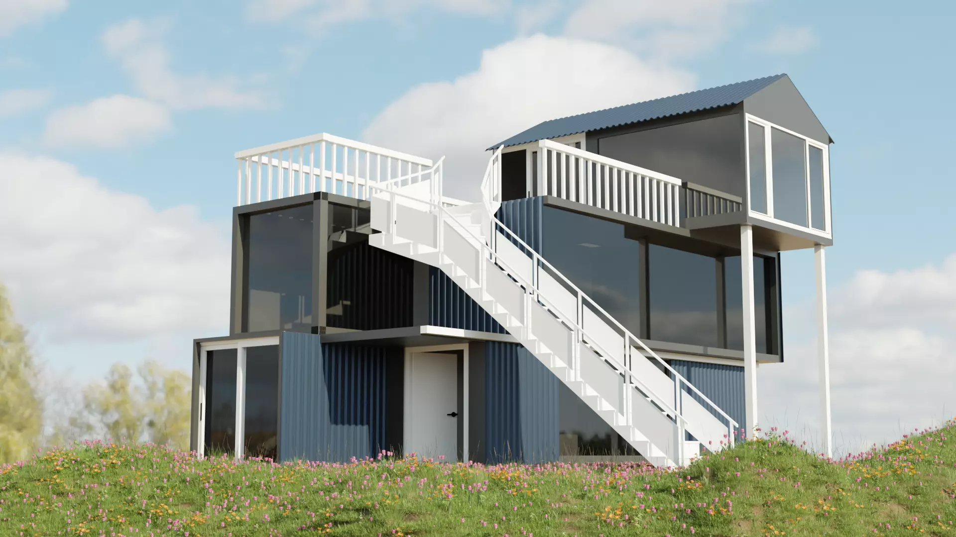 Modern Ship Container House with Outside Stair and Glass Design Low-poly 3D model_0