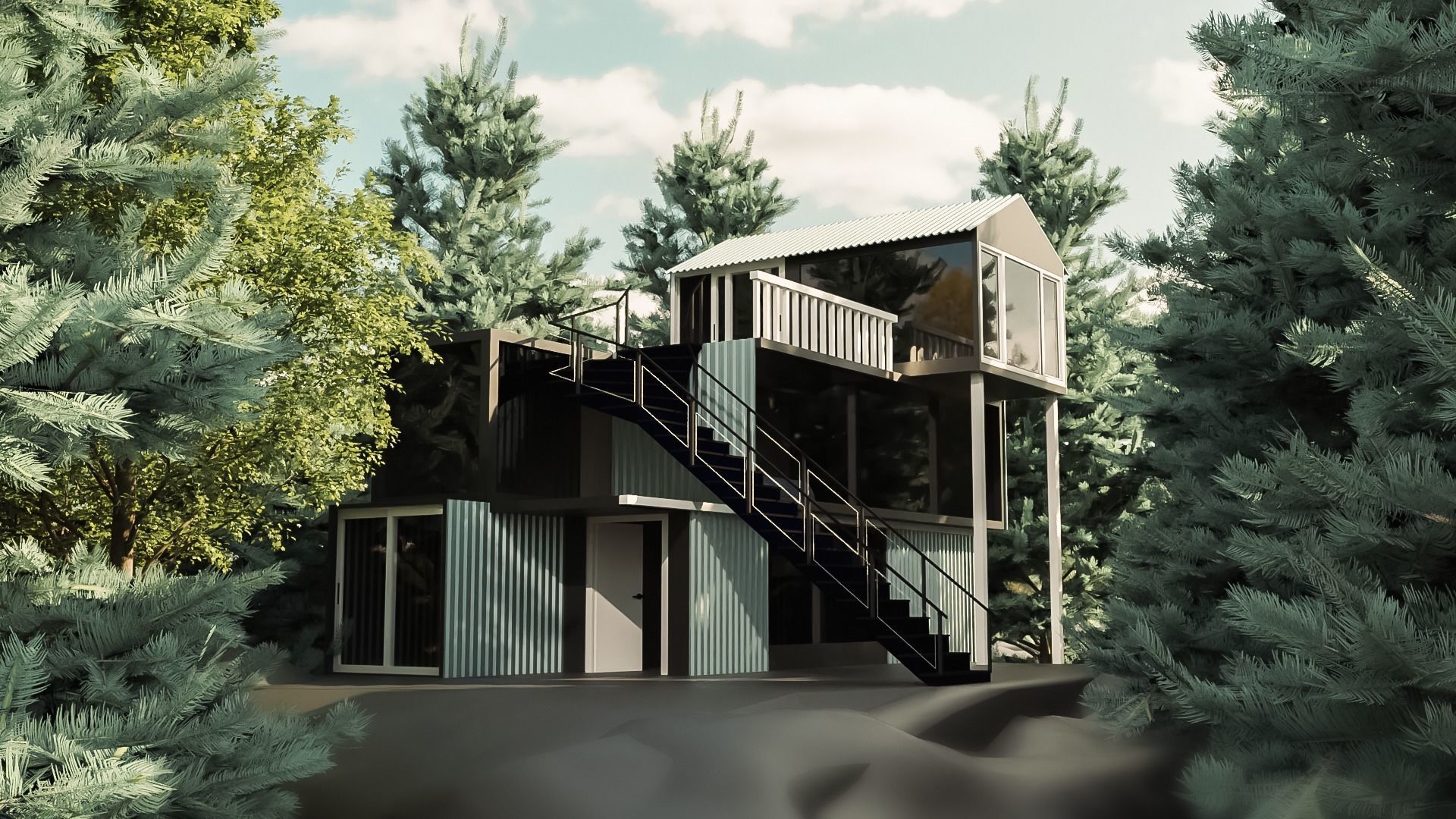 Modern Ship Container House with Outside Stair and Glass Design Low-poly 3D model_3