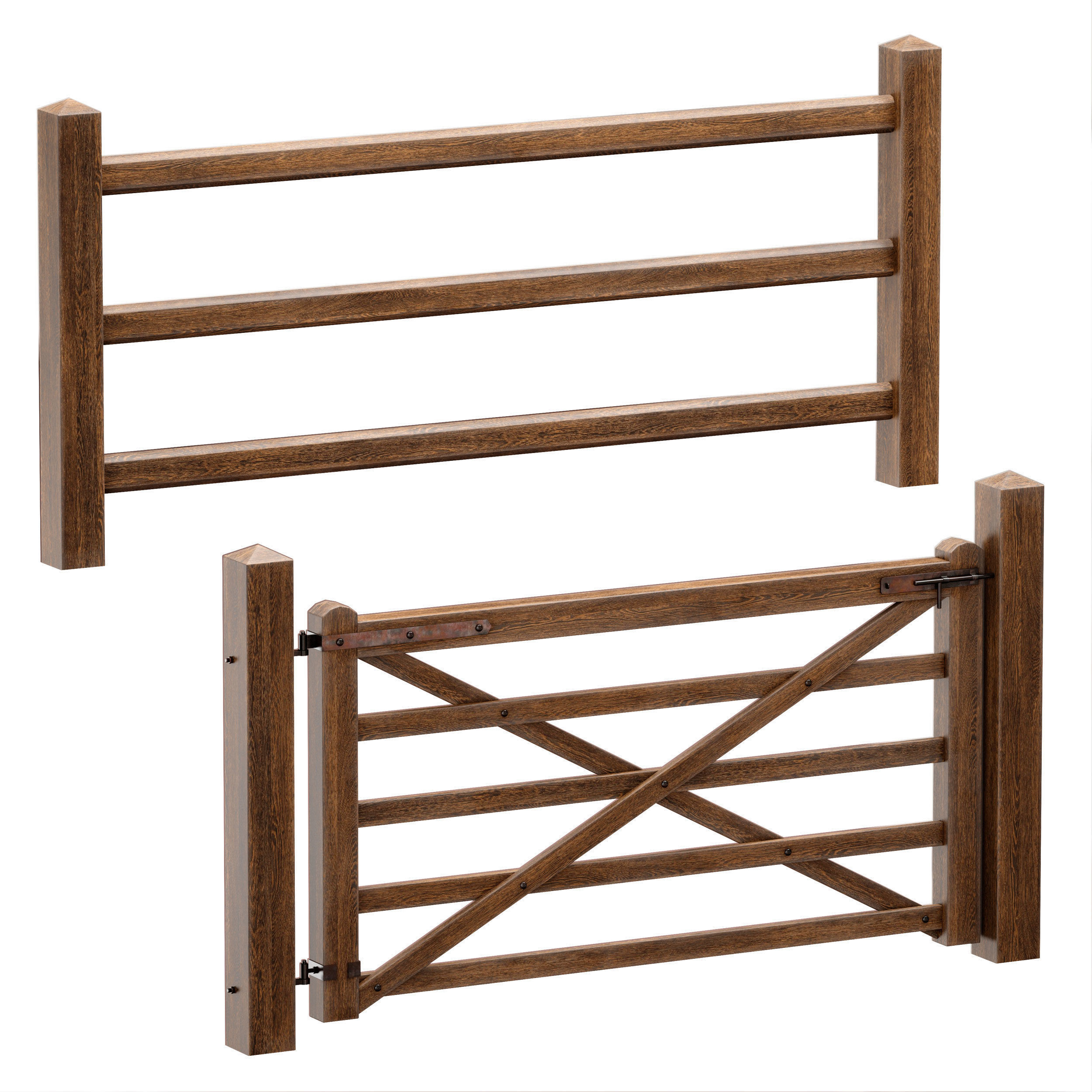 Horse paddock Wooden fence with a gate 3D model_1