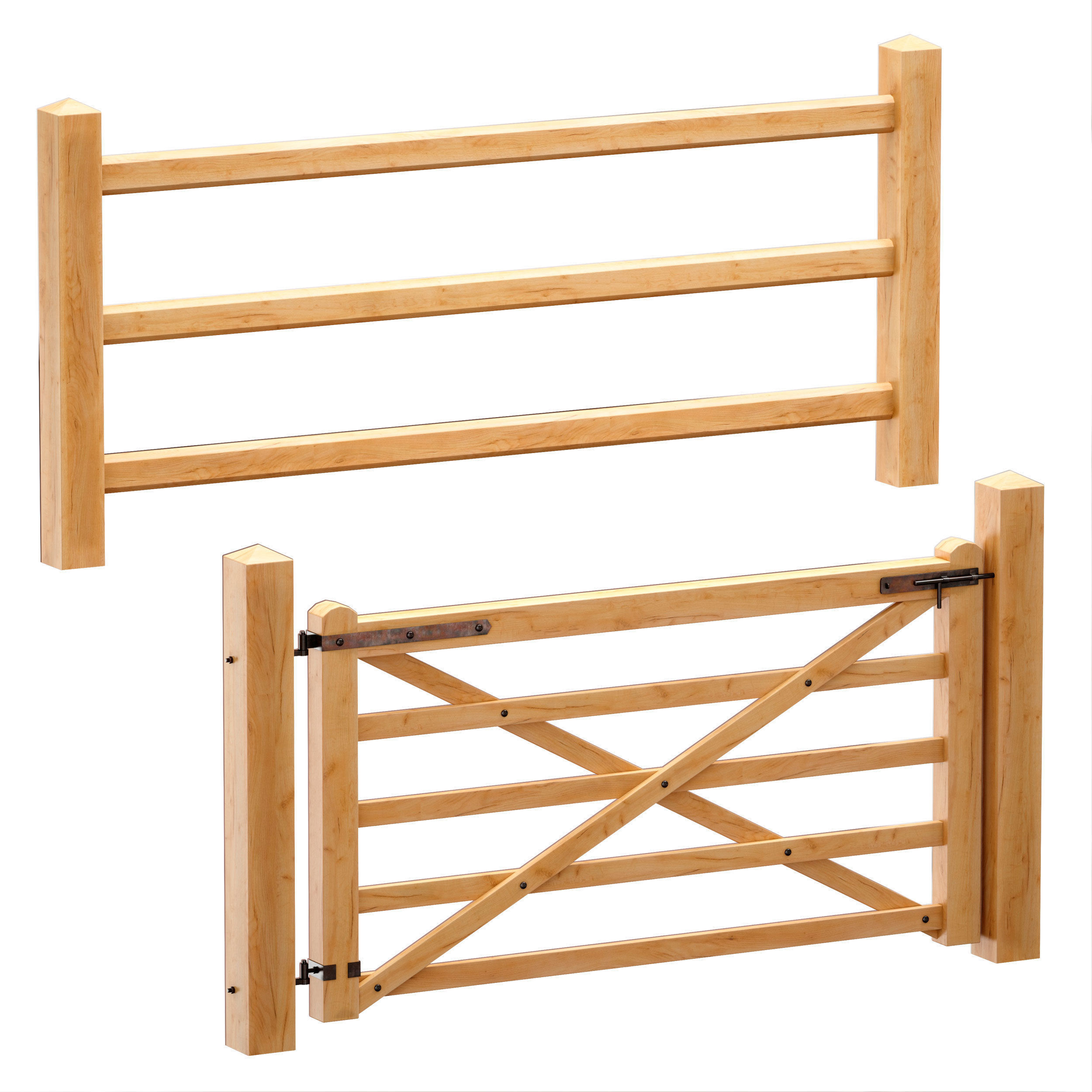Horse paddock Wooden fence with a gate 3D model_7