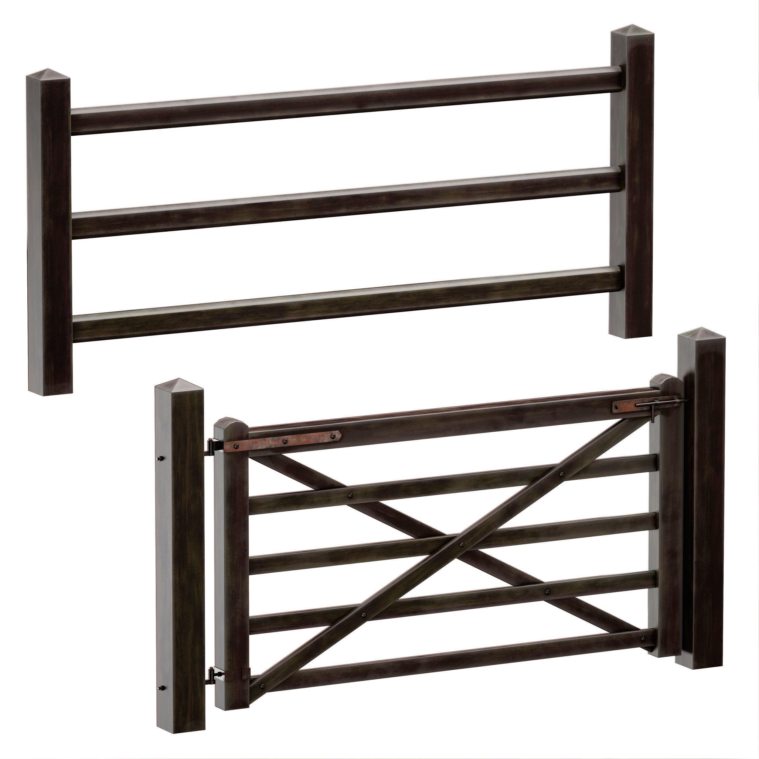 Horse paddock Wooden fence with a gate 3D model_4